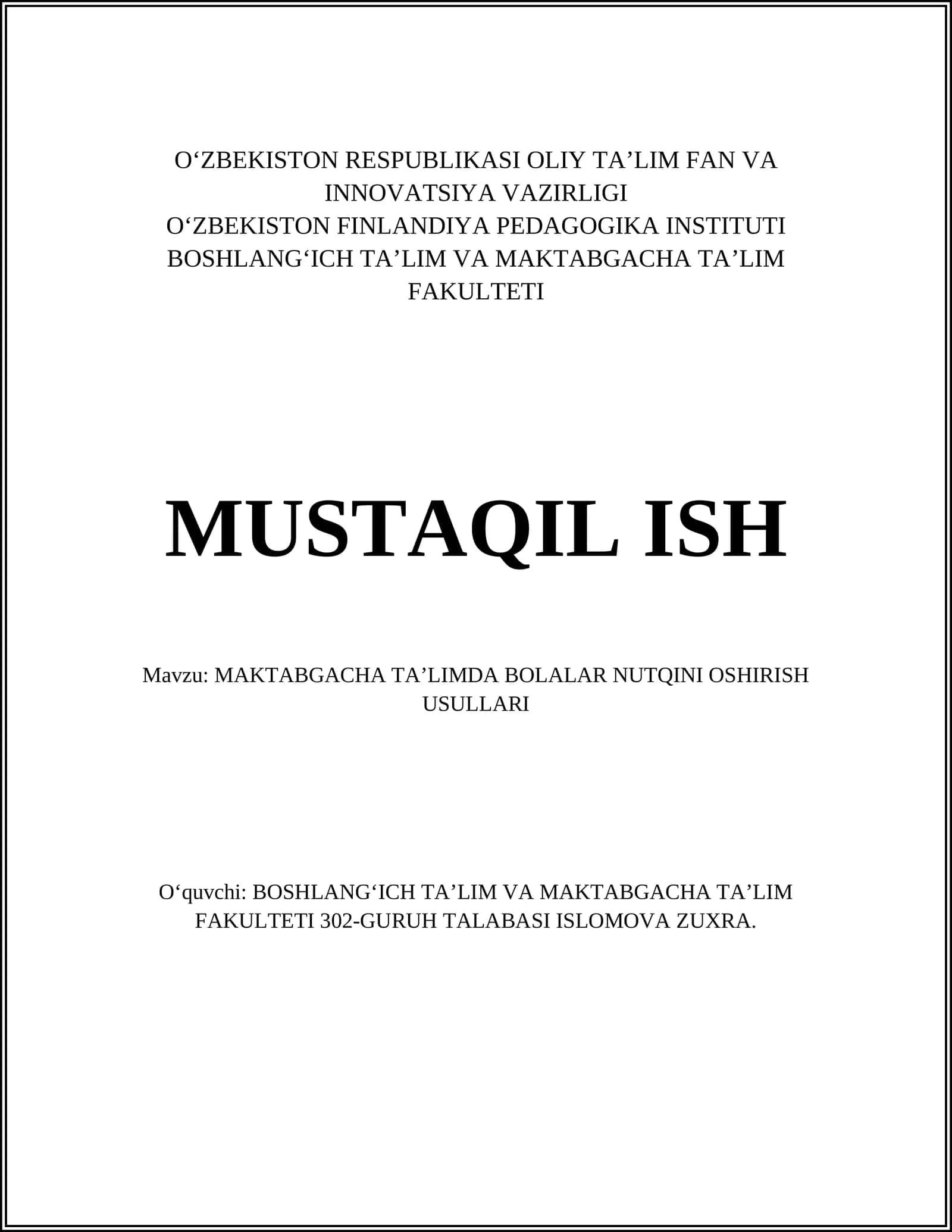 MAKTABGACHA TAʼLIMDA BOLALAR NUTQINI OSHIRISH USULLARI