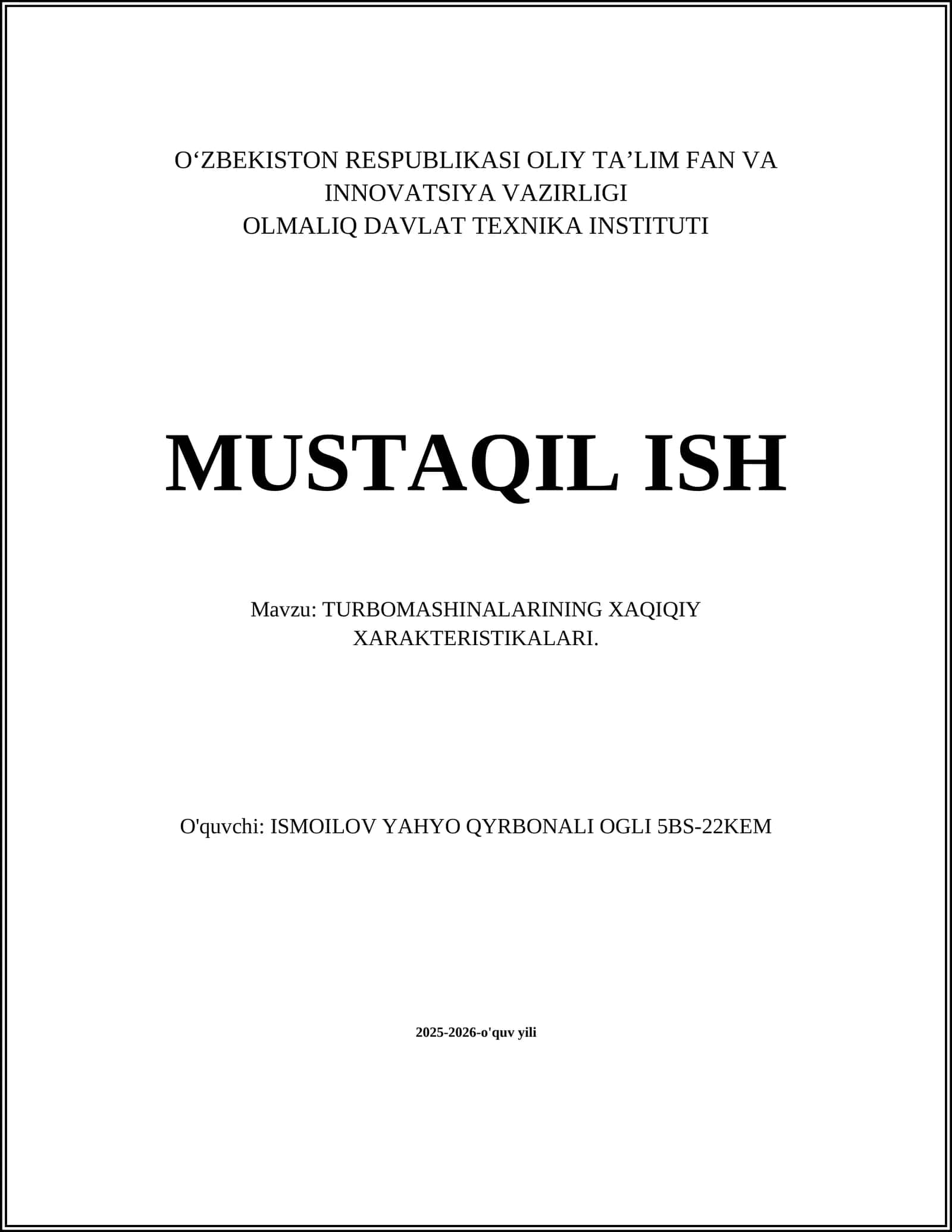 TURBOMASHINALARINING XAQIQIY XARAKTERISTIKALARI