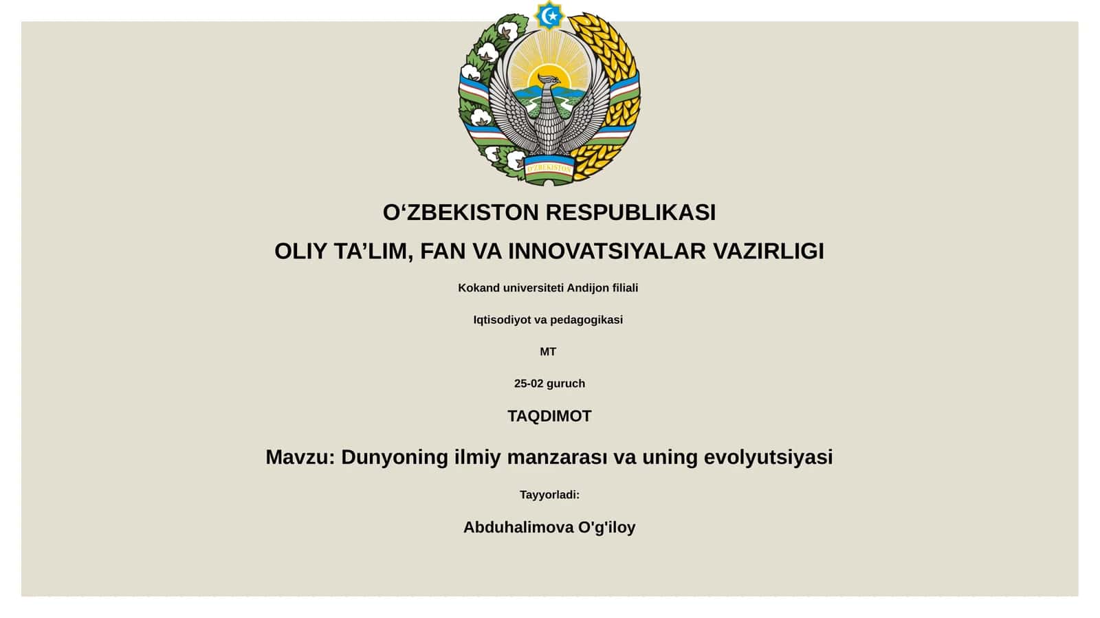 Dunyoning ilmiy manzarası va uning evolyutsiyasi