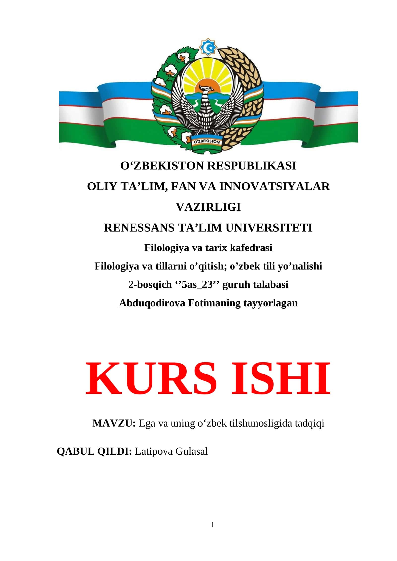Ega va uning o‘zbek tilshunosligida tadqiqi