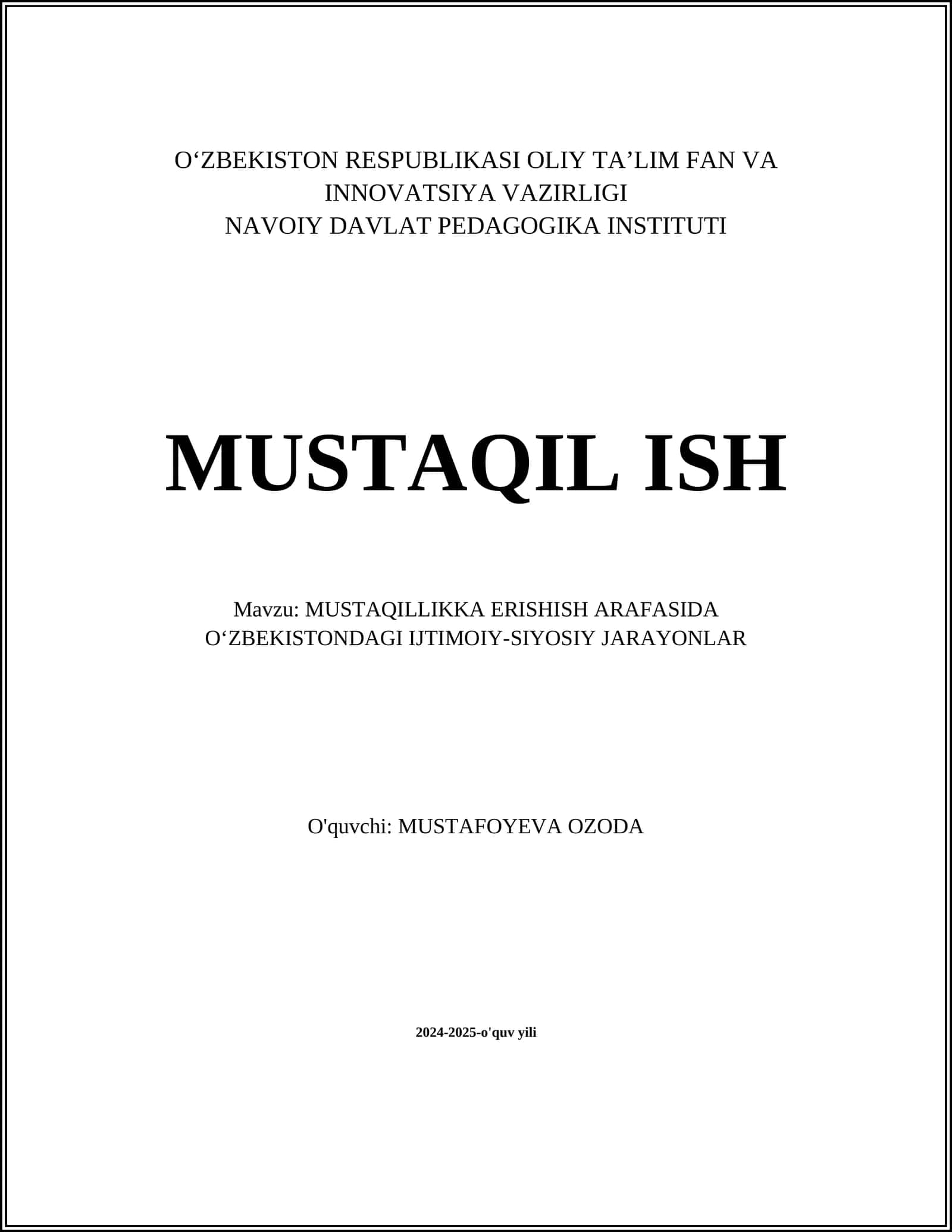 MUSTAQILLIKKA ERISHISH ARAFASIDA OʻZBEKISTONDAGI IJTIMOIY-SIYOSIY JARAYONLAR