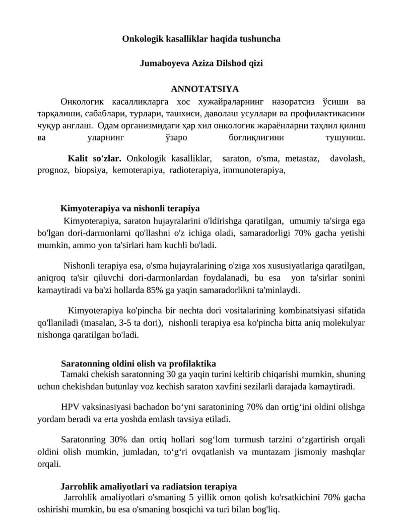 Onkologik kasalliklar haqida tushuncha