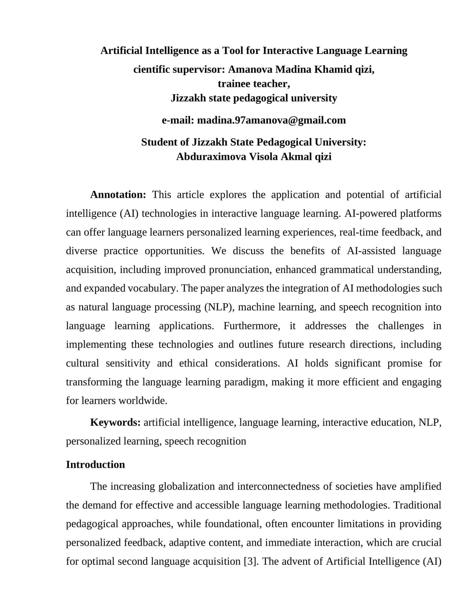 Artificial Intelligence as a Tool for Interactive Language Learning
