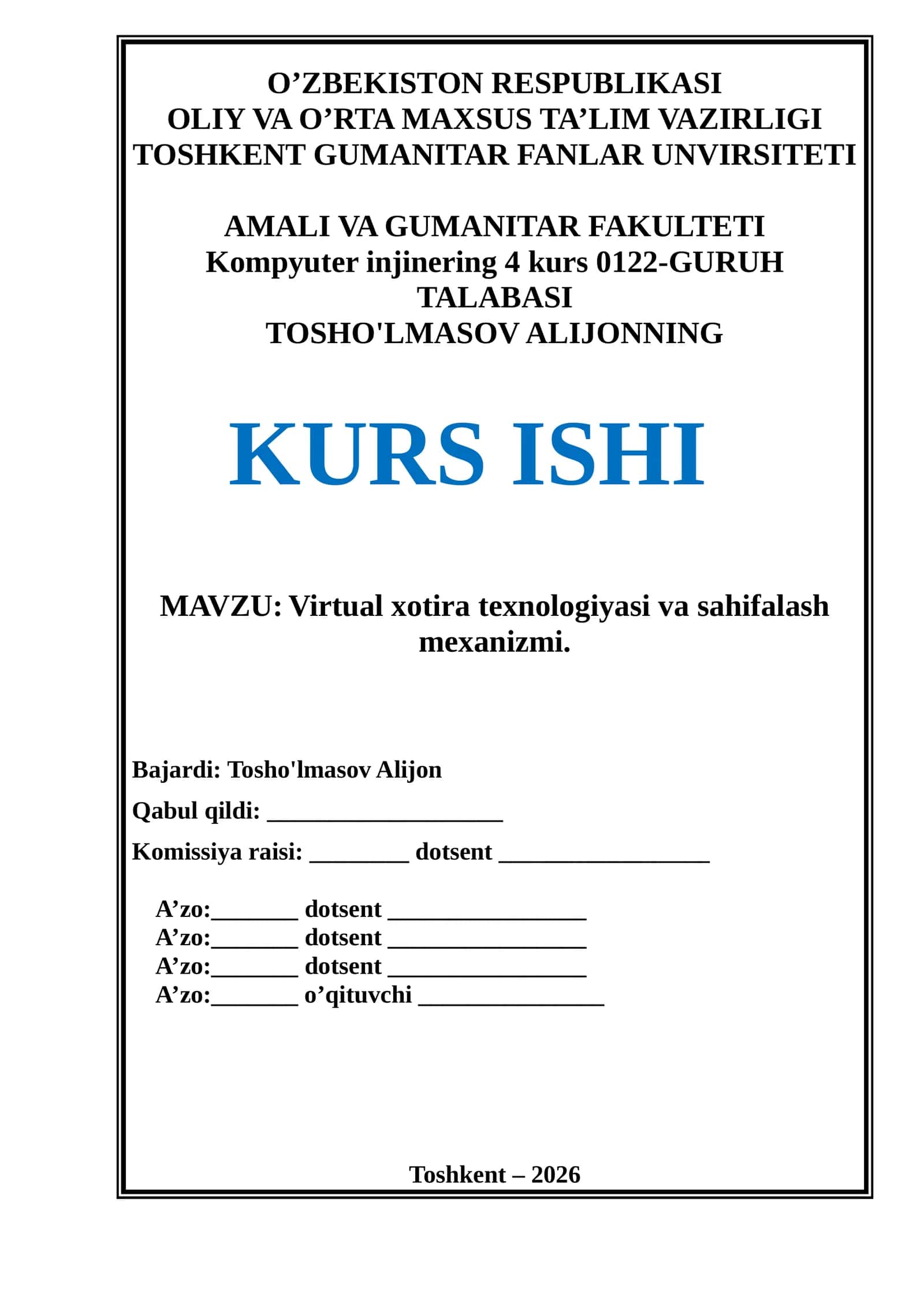 Virtual xotira texnologiyasi va sahifalash mexanizmi
