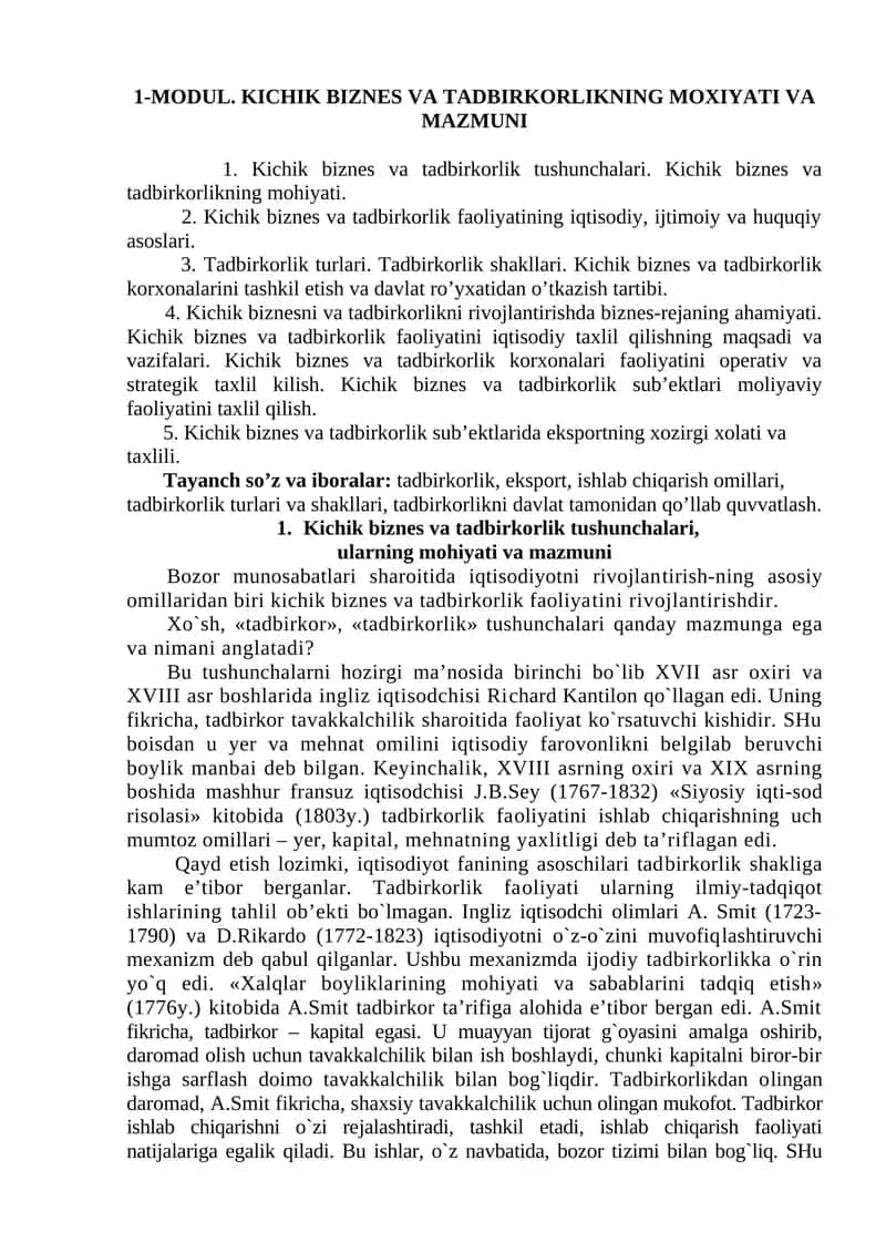 Kichik biznes va tadbirkorlikning moxiyati va mazmuni