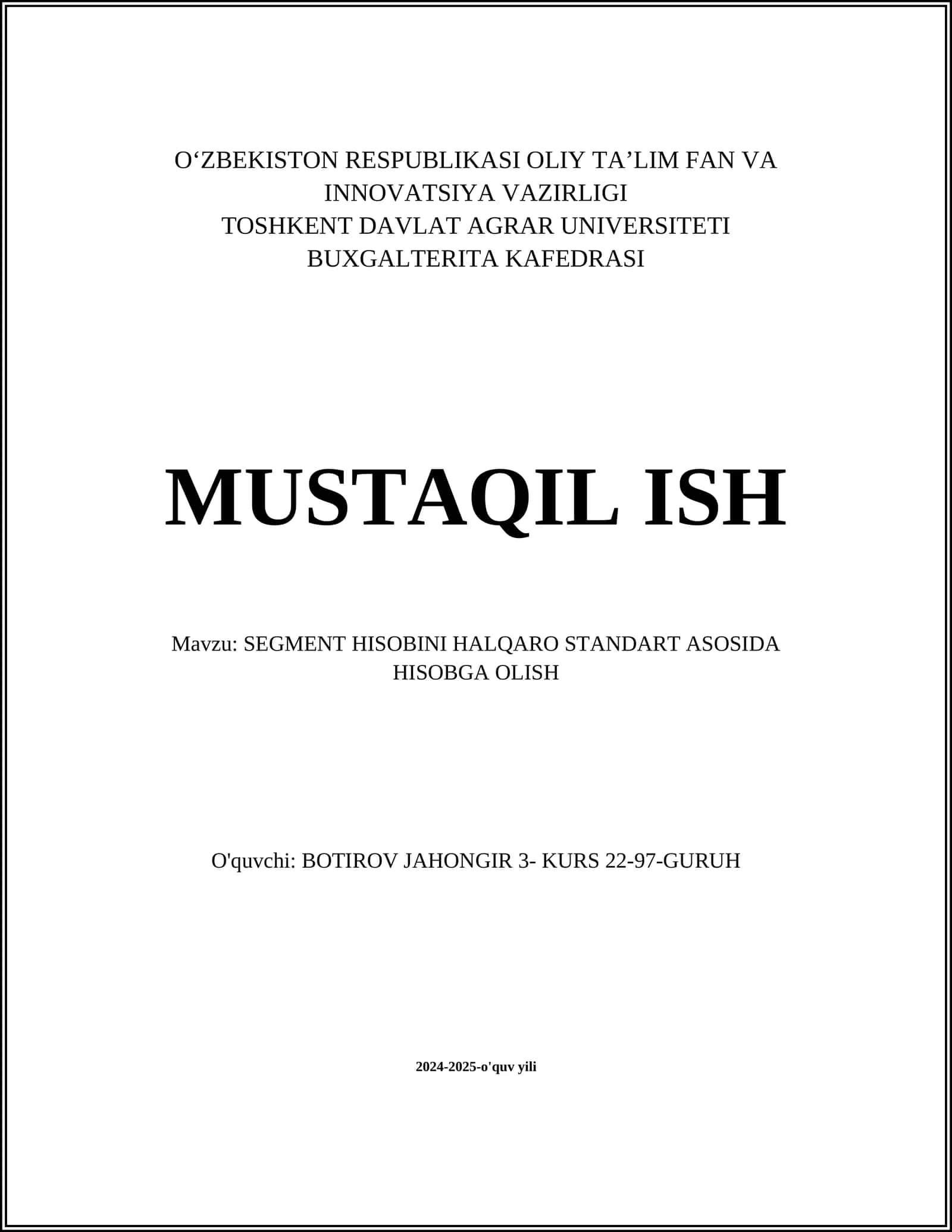 SEGMENT HISOBINI HALQARO STANDART ASOSIDA HISOBGA OLISH