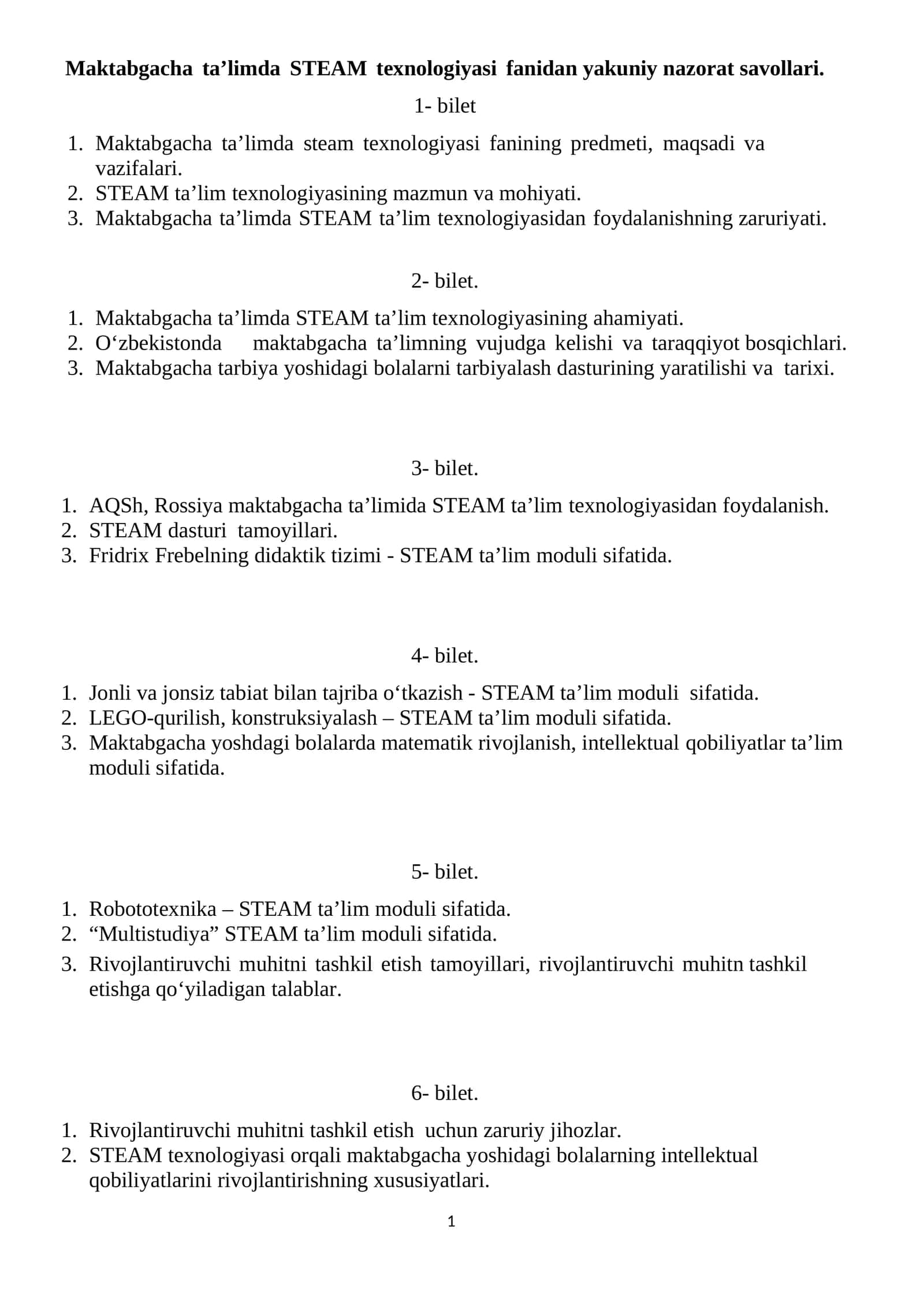 Maktabgacha ta’limda STEAM texnologiyasi fanidan yakuniy nazorat savollari