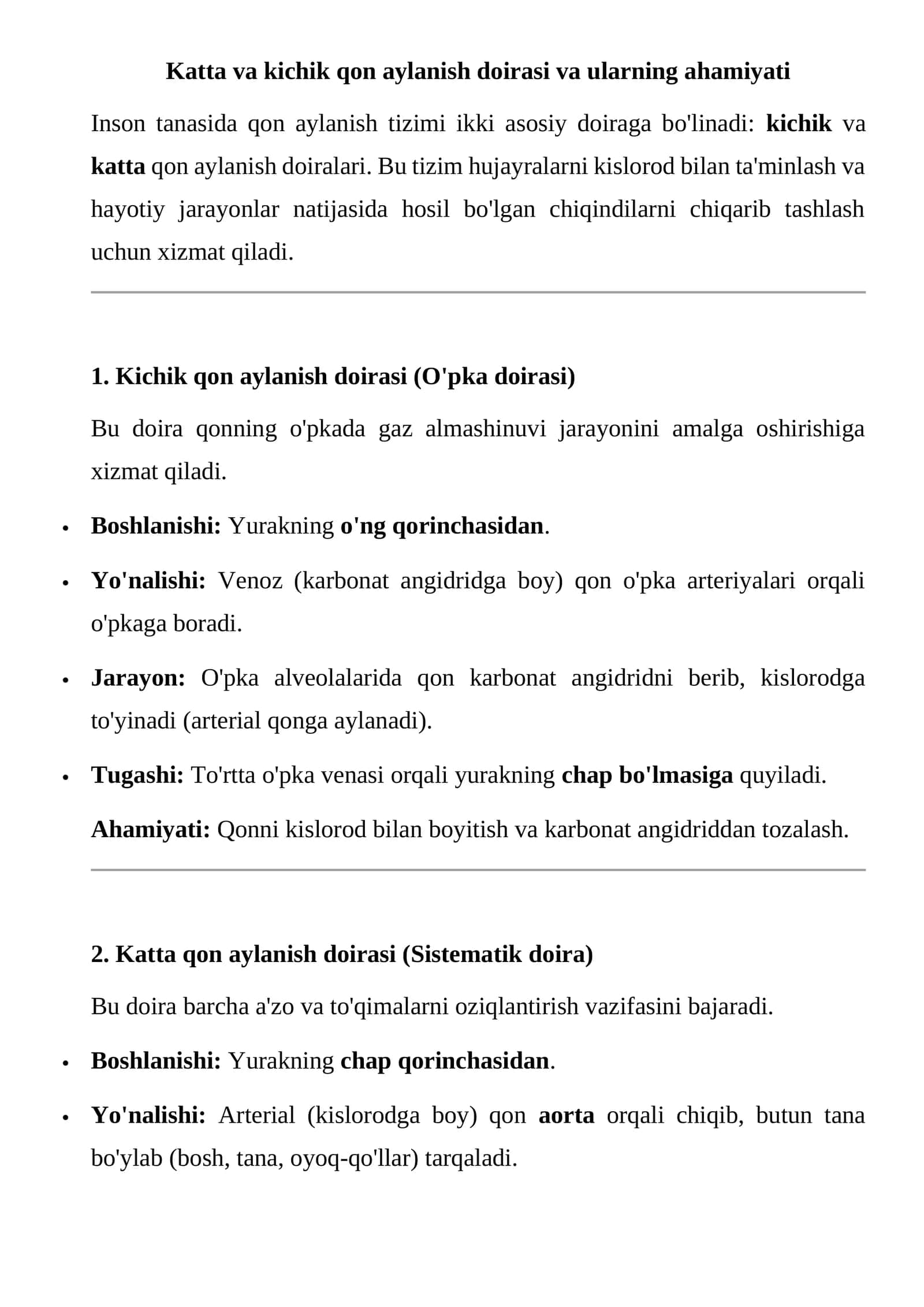 Katta va kichik qon aylanish doirasi va ularning ahamiyati