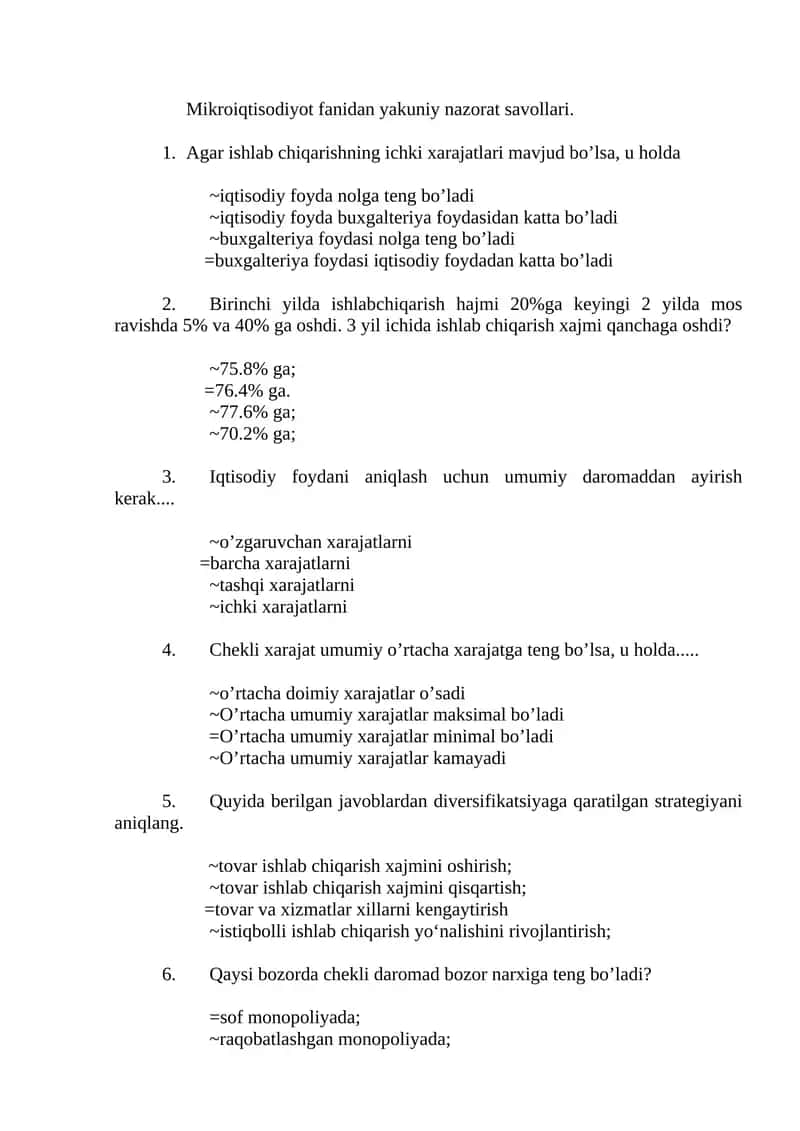 Mikroiqtisodiyot fanidan yakuniy nazorat savollari