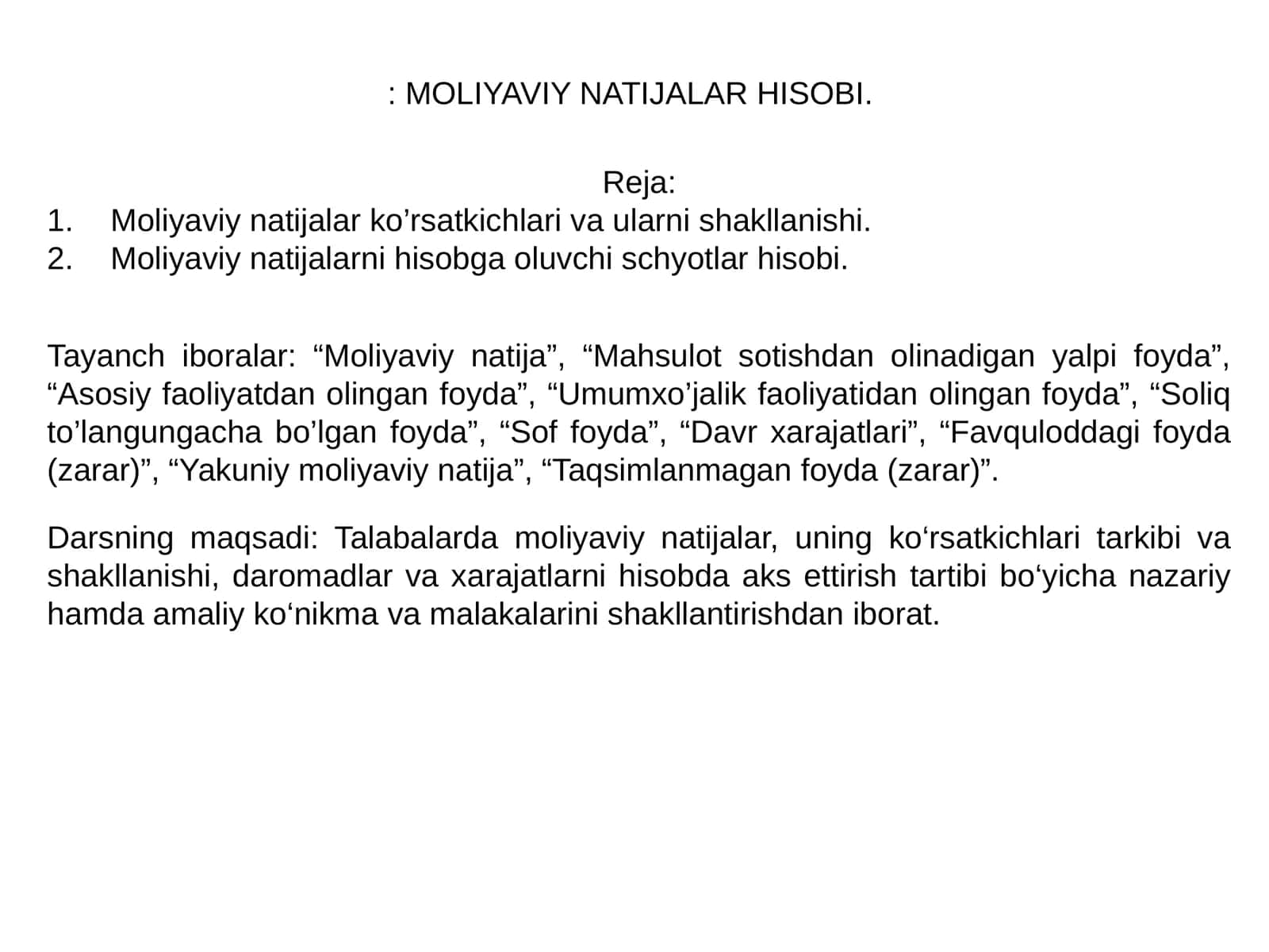 MOLIYAVIY NATIJALAR HISOBI