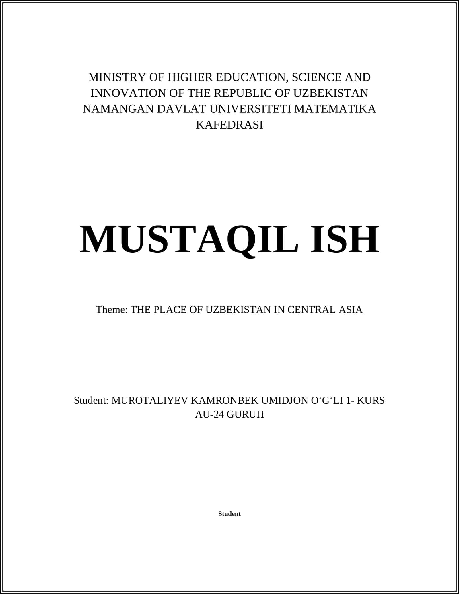 Mustaqil ish on "The Place of Uzbekistan in Central Asia"