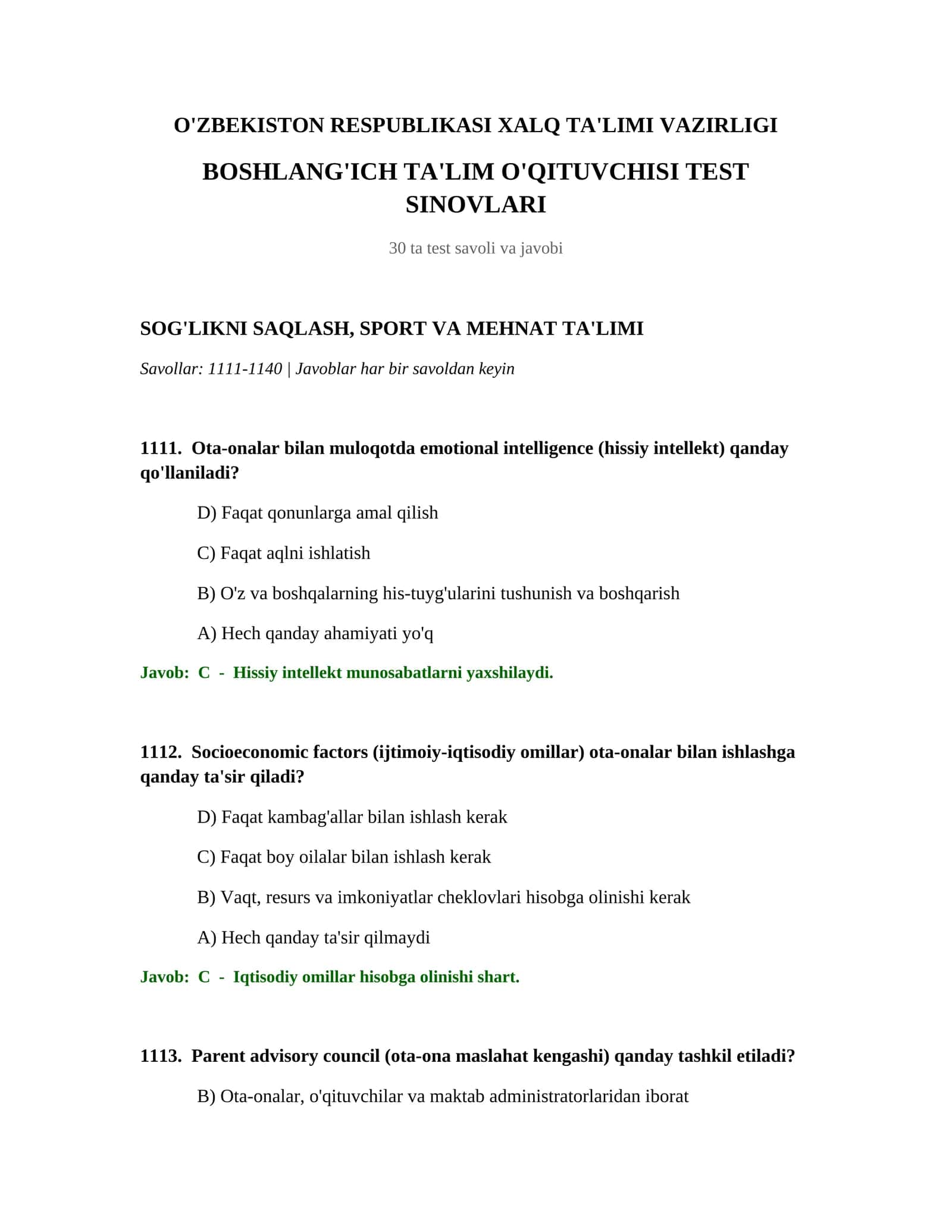 BOSHLANG'ICH TA'LIM O'QITUVCHISI TEST SINOVLARI