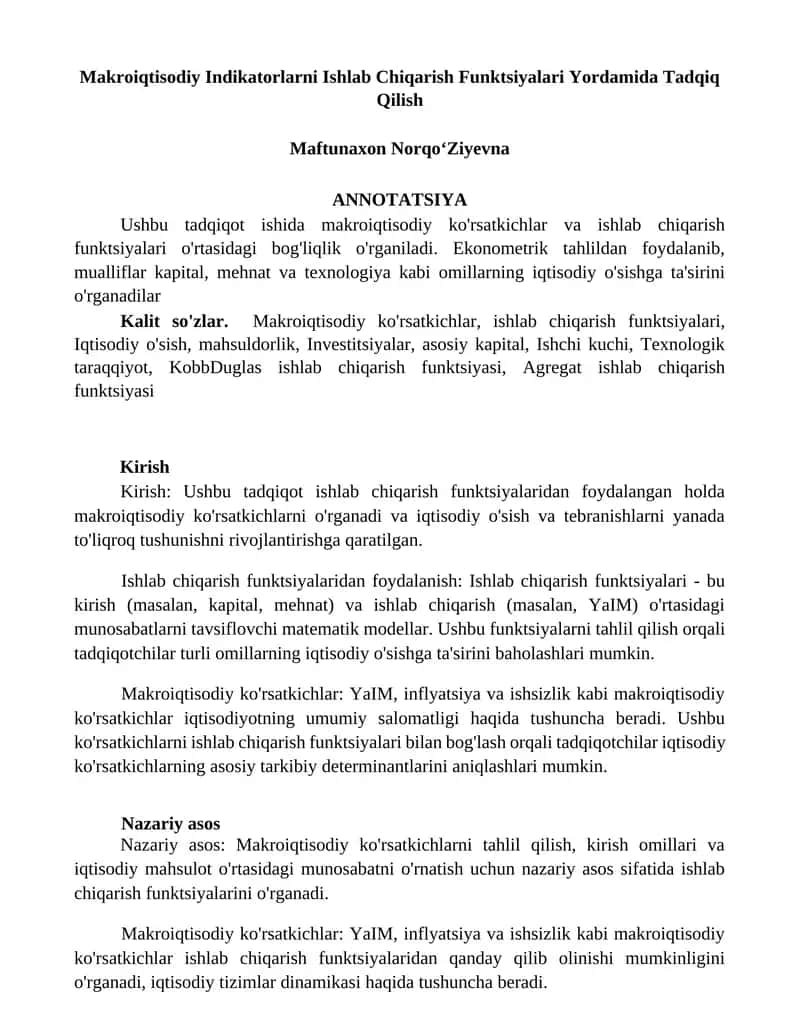 Makroiqtisodiy Indikatorlarni Ishlab Chiqarish Funktsiyalari Yordamida Tadqiq Qilish
