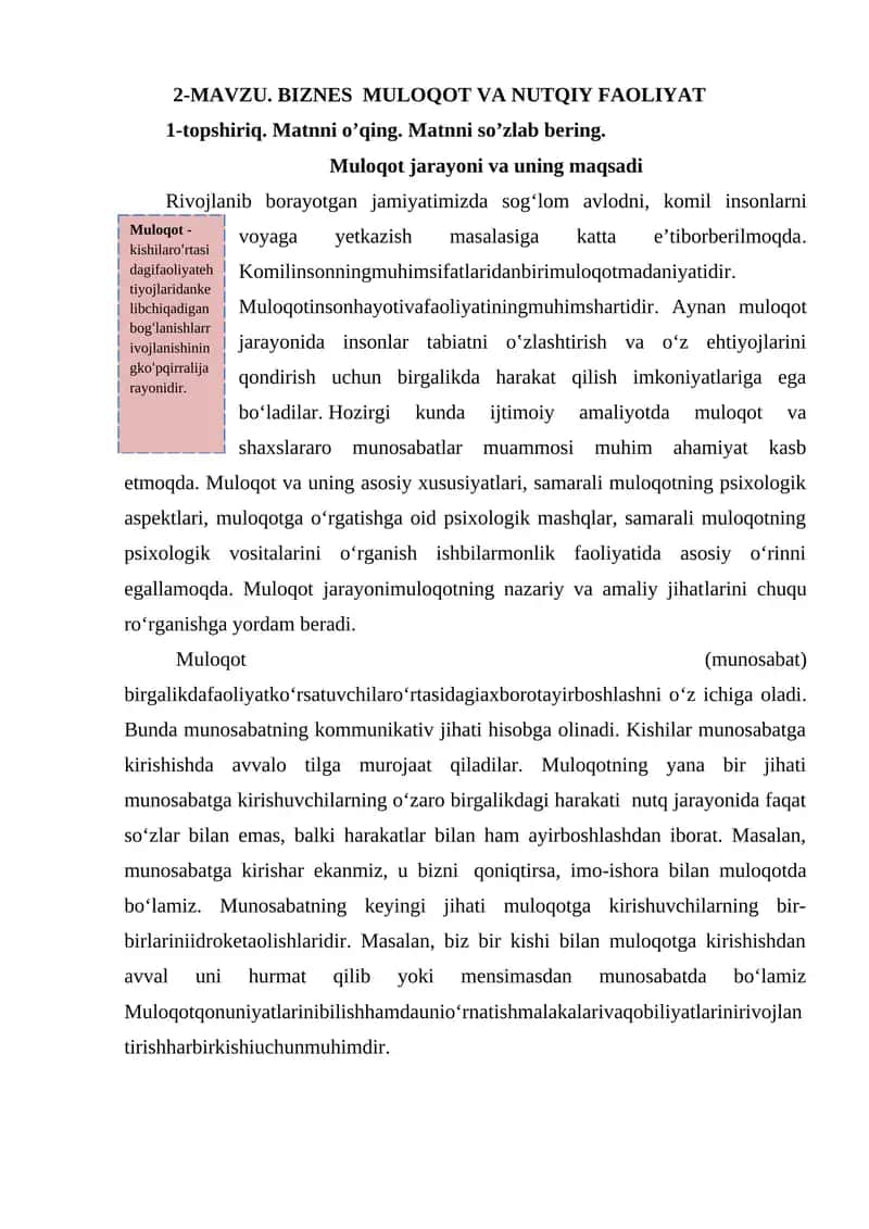 MAVZU. BIZNES MULOQOT VA NUTQIY FAOLIYAT