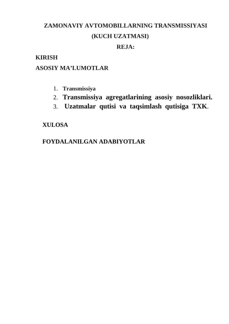 ZAMONAVIY AVTOMOBILLARNING TRANSMISSIYASI (KUCH UZATMASI)