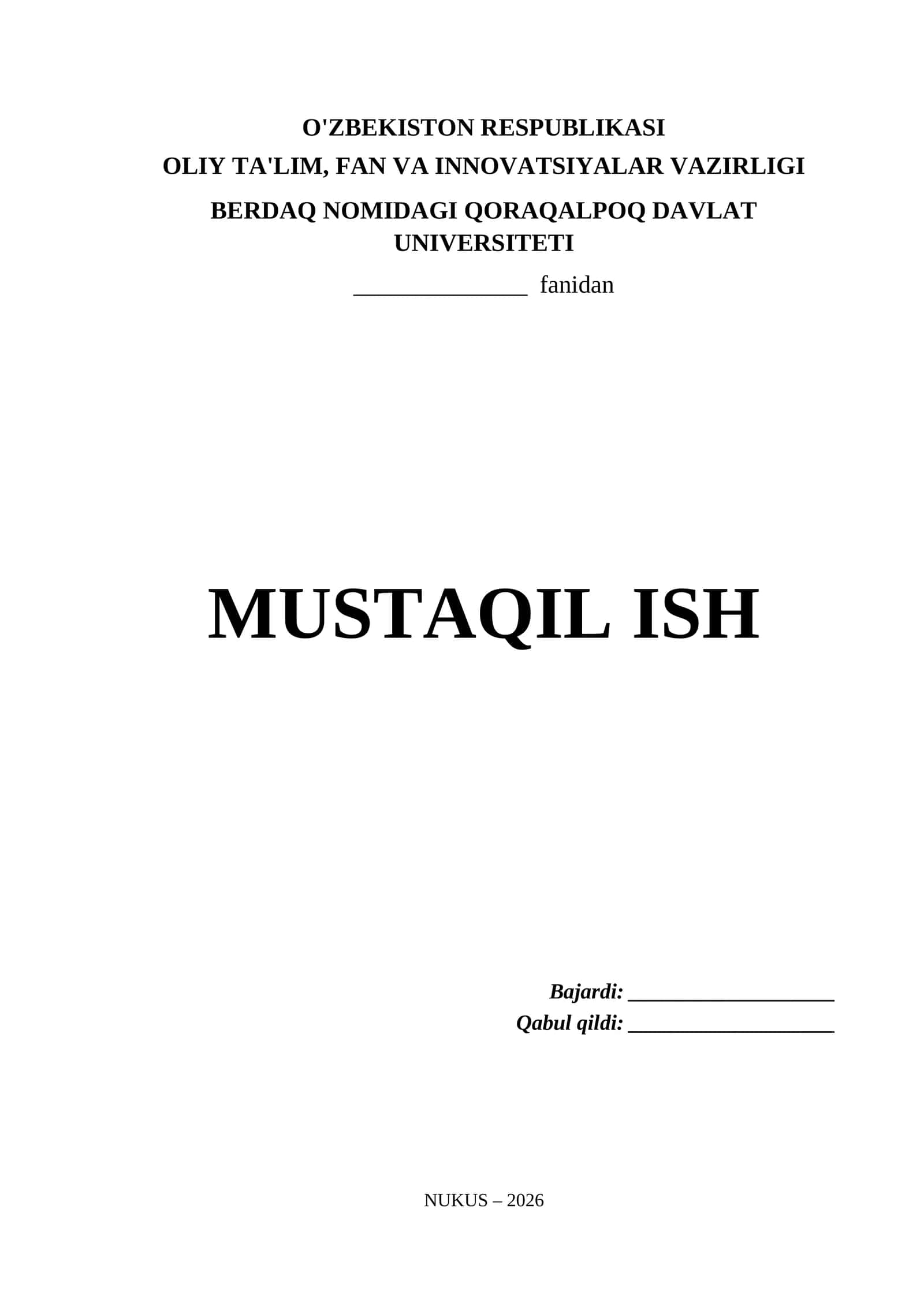 Berdaq nomidagi Qoraqalpoq Davlat Universiteti Mustaqil Ish Titul Varaq (.docx)