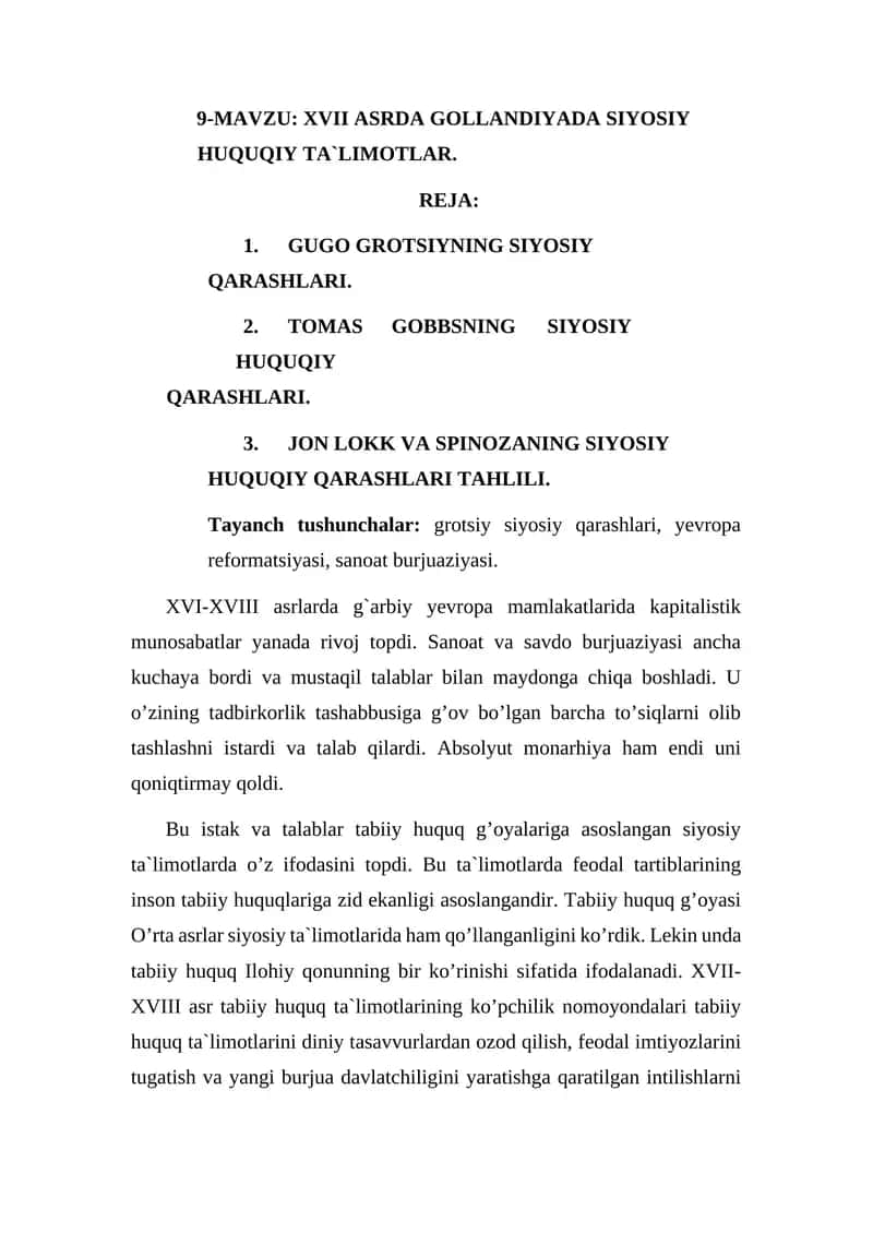 XVII ASRDA GOLLANDIYADA SIYOSIY HUQUQIY TA`LIMOTLAR