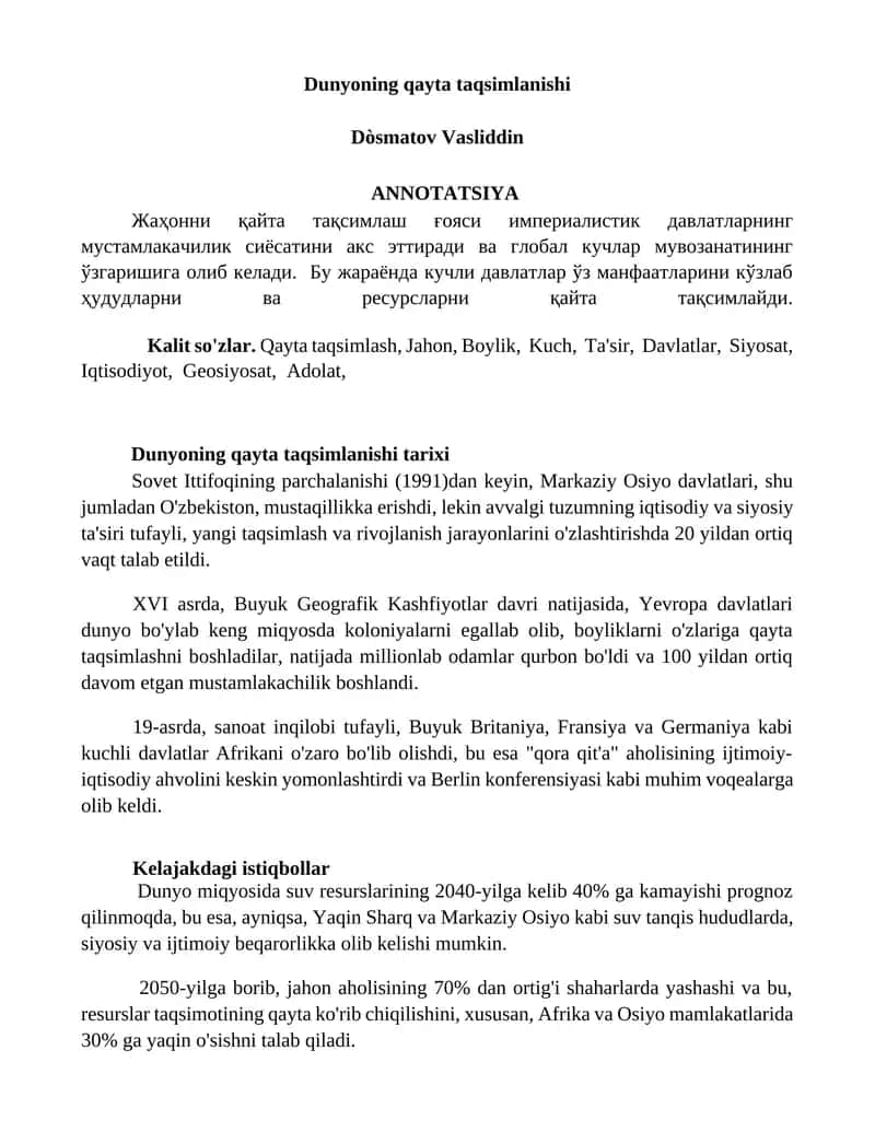 Dunyoning qayta taqsimlanishi