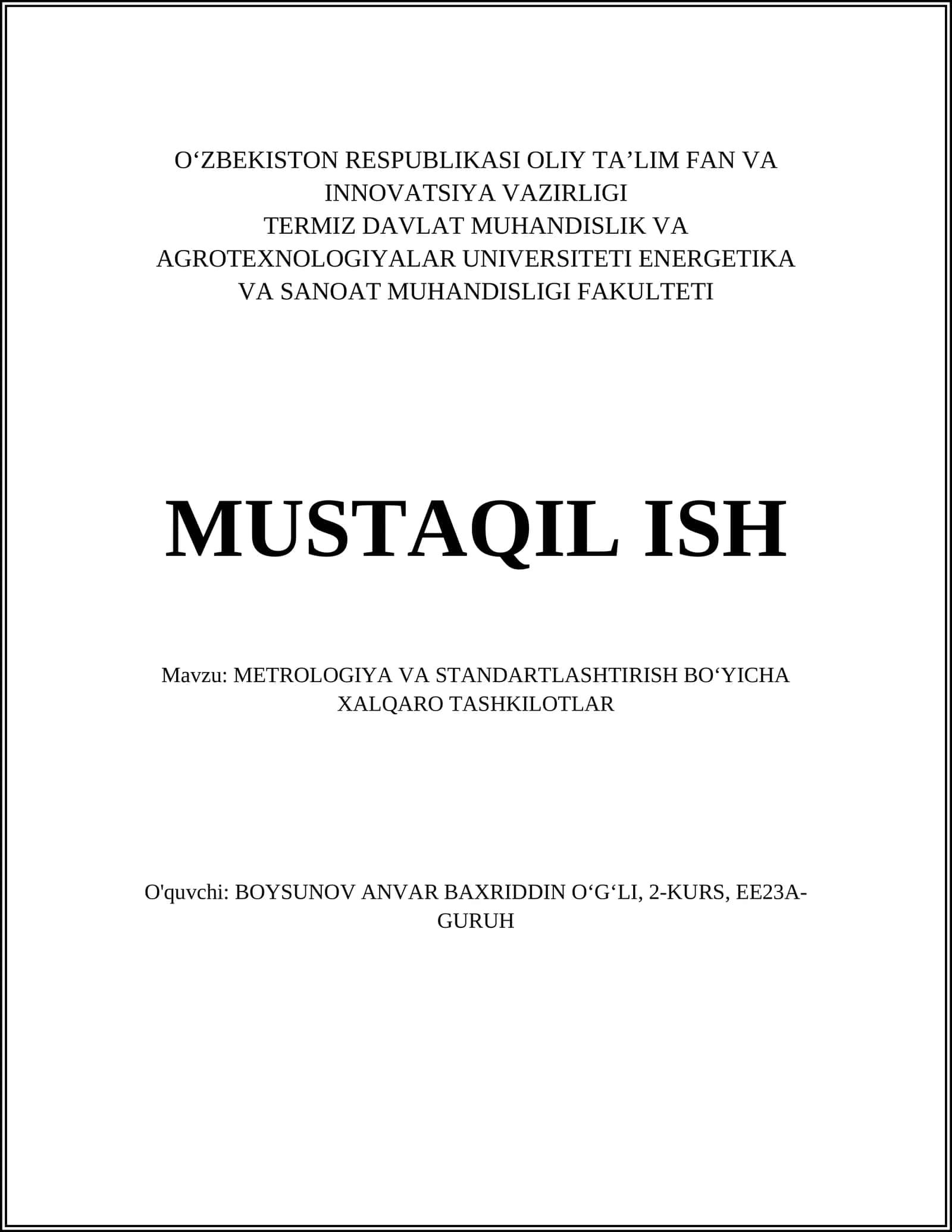METROLOGIYA VA STANDARTLASHTIRISH BOʻYICHA XALQARO TASHKILOTLAR
