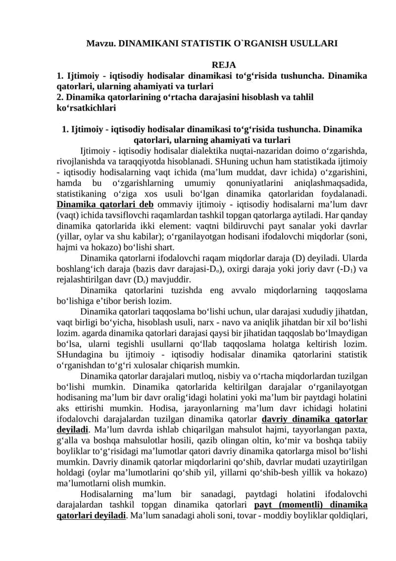 DINAMIKANI STATISTIK O`RGANISH USULLARI