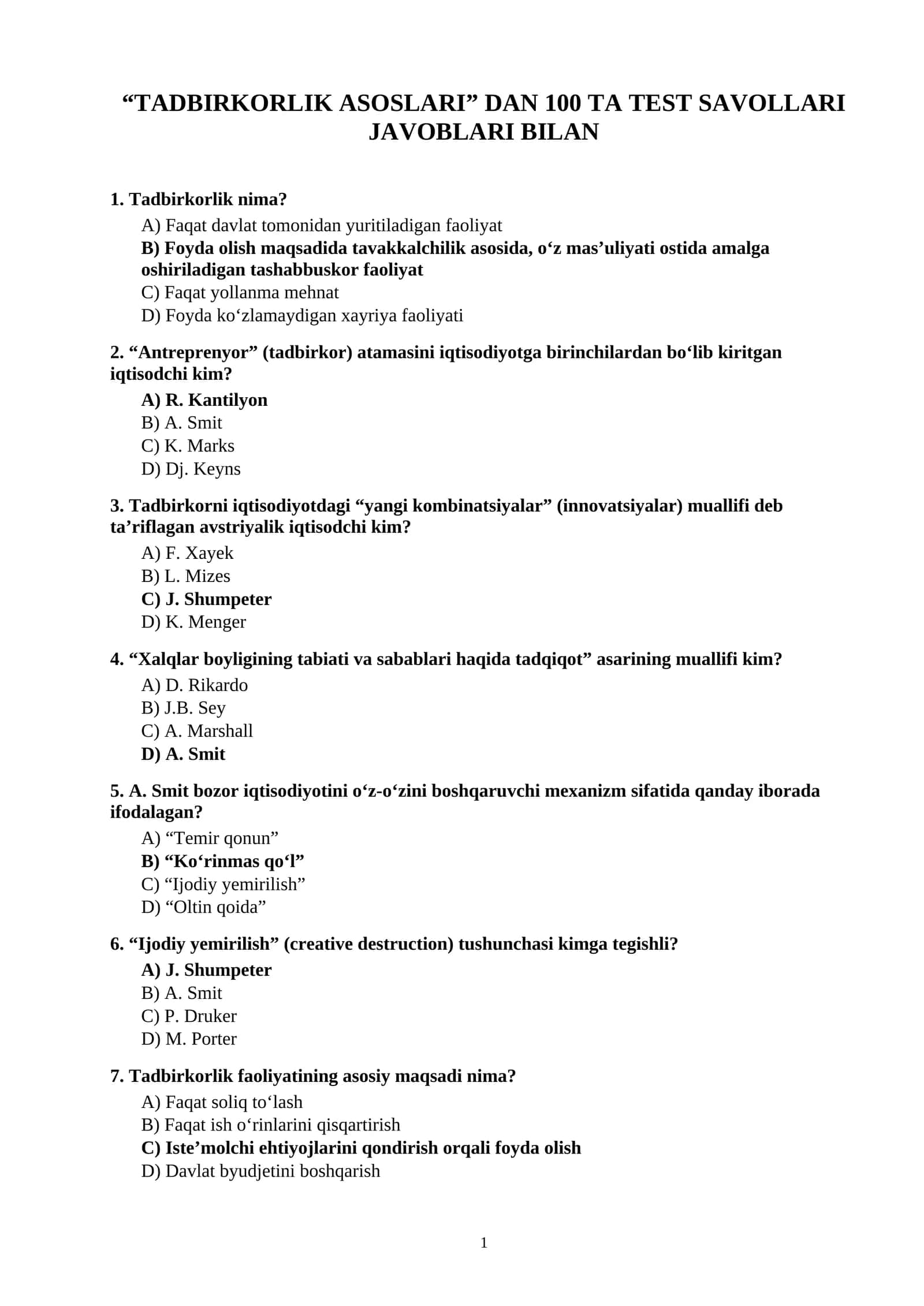 TADBIRKORLIK ASOSLARI” DAN 100 TA TEST SAVOLLARI JAVOBLARI BILAN