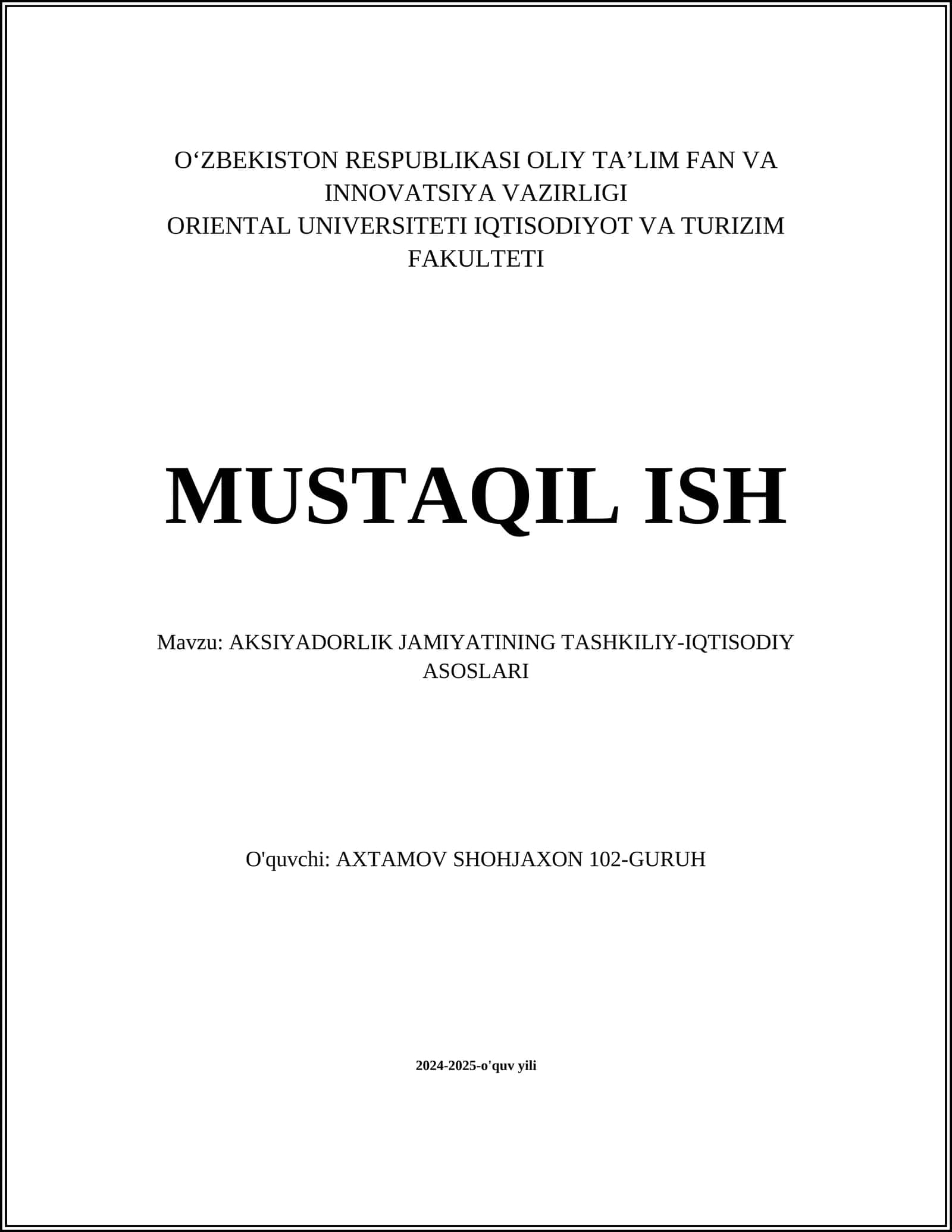 AKSIYADORLIK JAMIYATINING TASHKILIY-IQTISODIY ASOSLARI