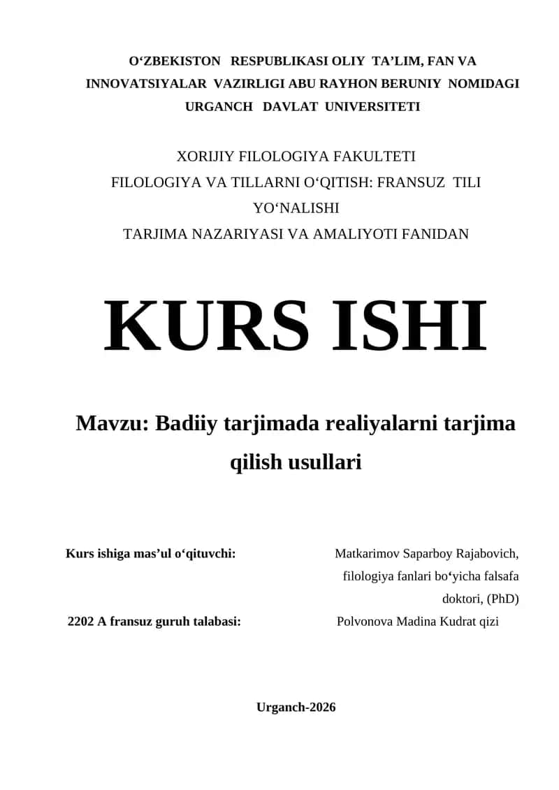 Badiiy tarjimada realiyalarni tarjima qilish usullari