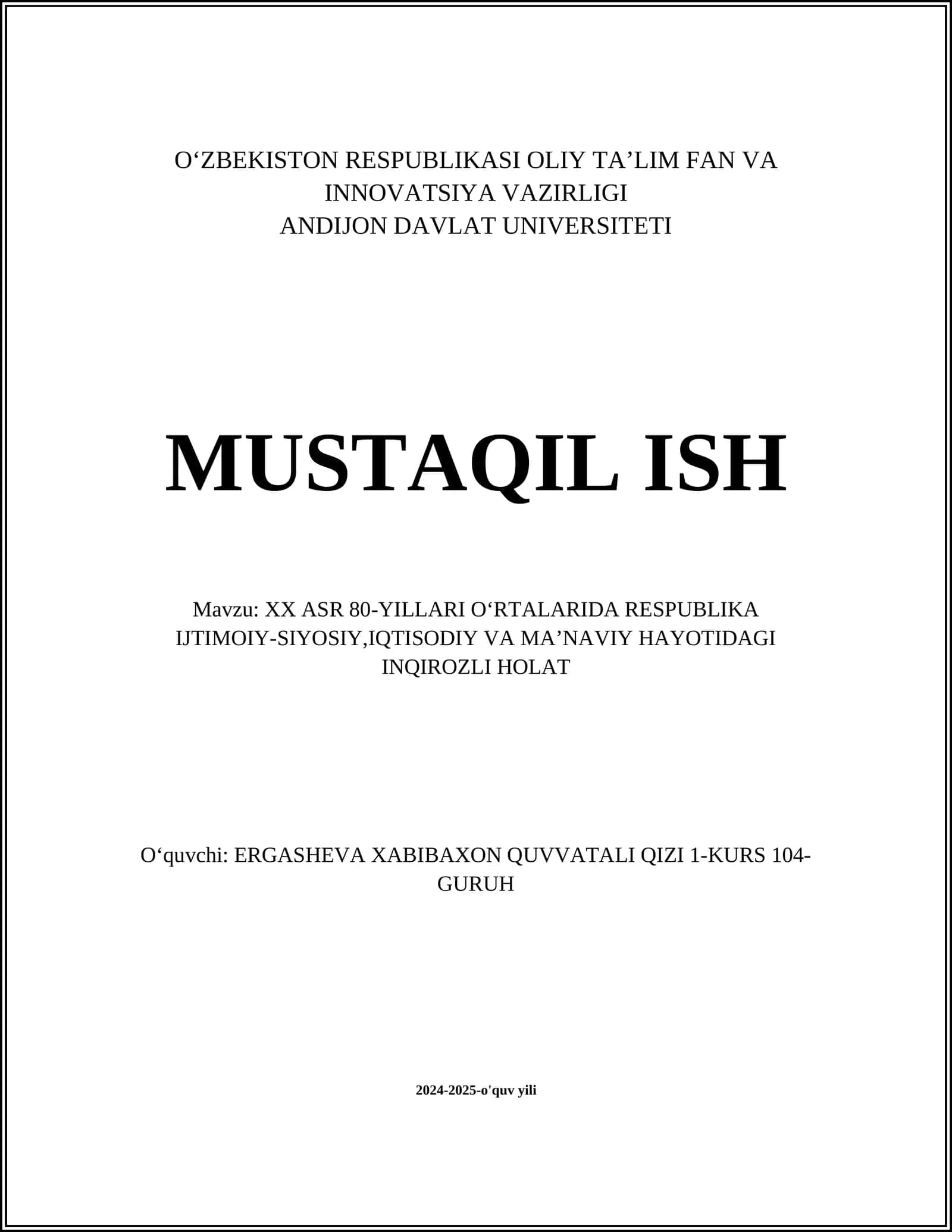 XX ASR 80-YILLARI OʻRTALARIDA RESPUBLIKA IJTIMOIY-SIYOSIY,IQTISODIY VA MAʼNAVIY HAYOTIDAGI INQIROZLI HOLAT