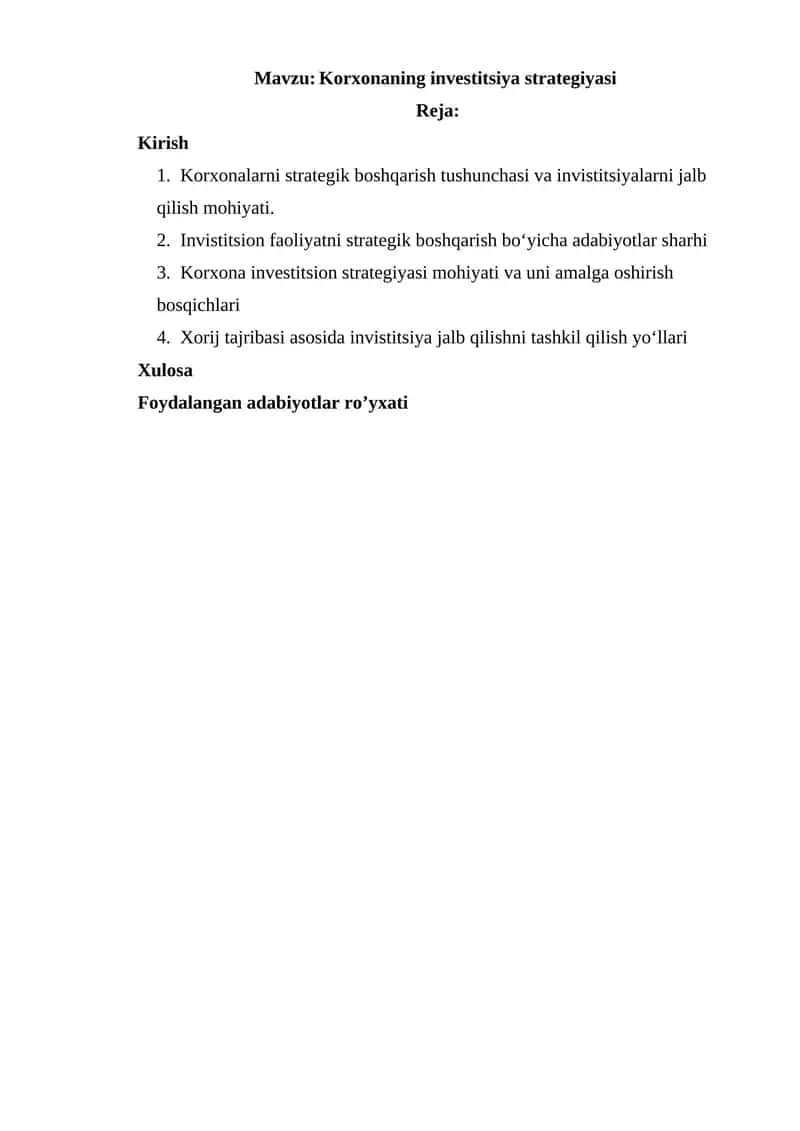 Korxonaning investitsiya strategiyasi