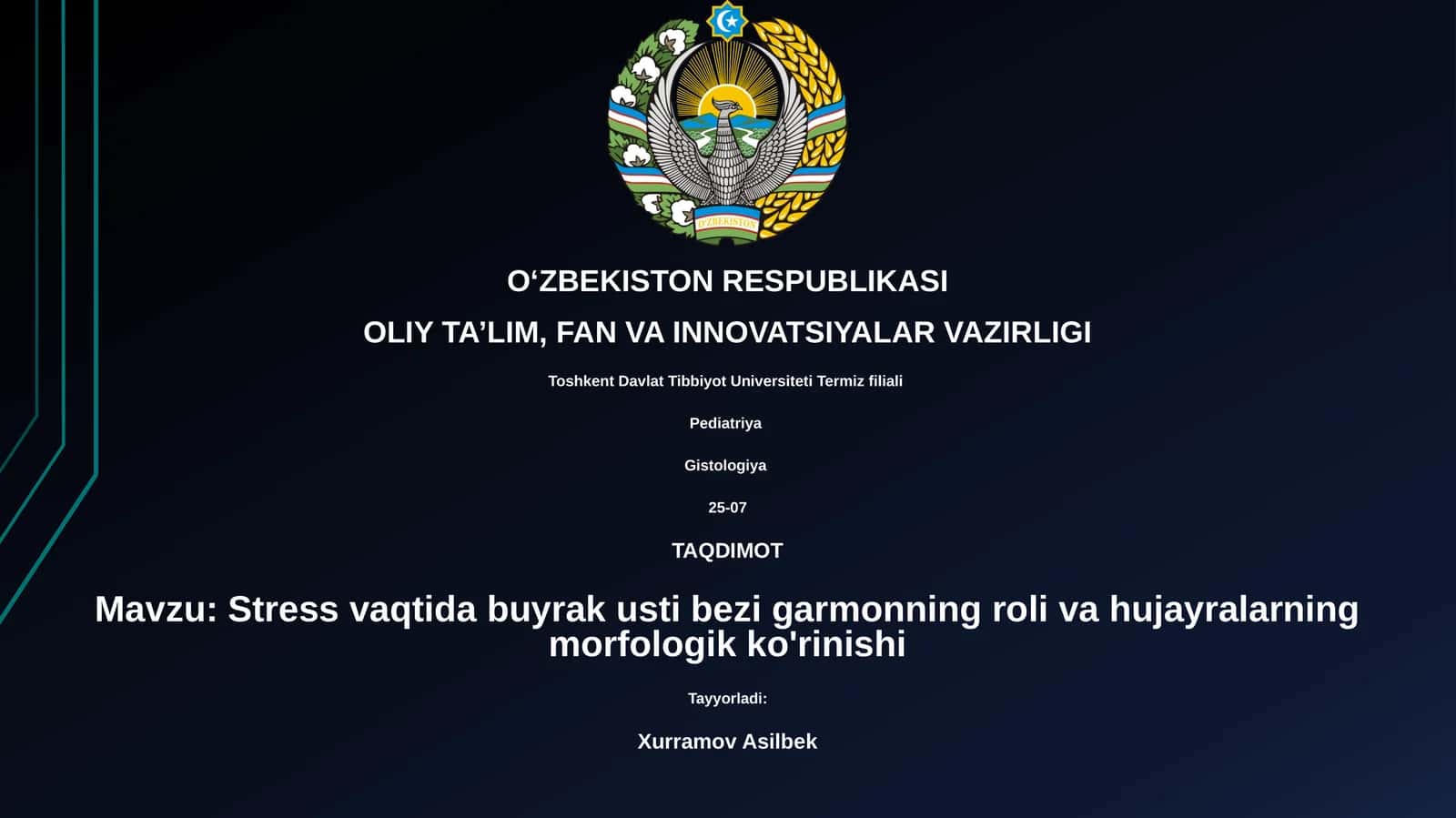 Stress vaqtida buyrak usti bezi garmonning roli va hujayralarning morfologik ko'rinishi