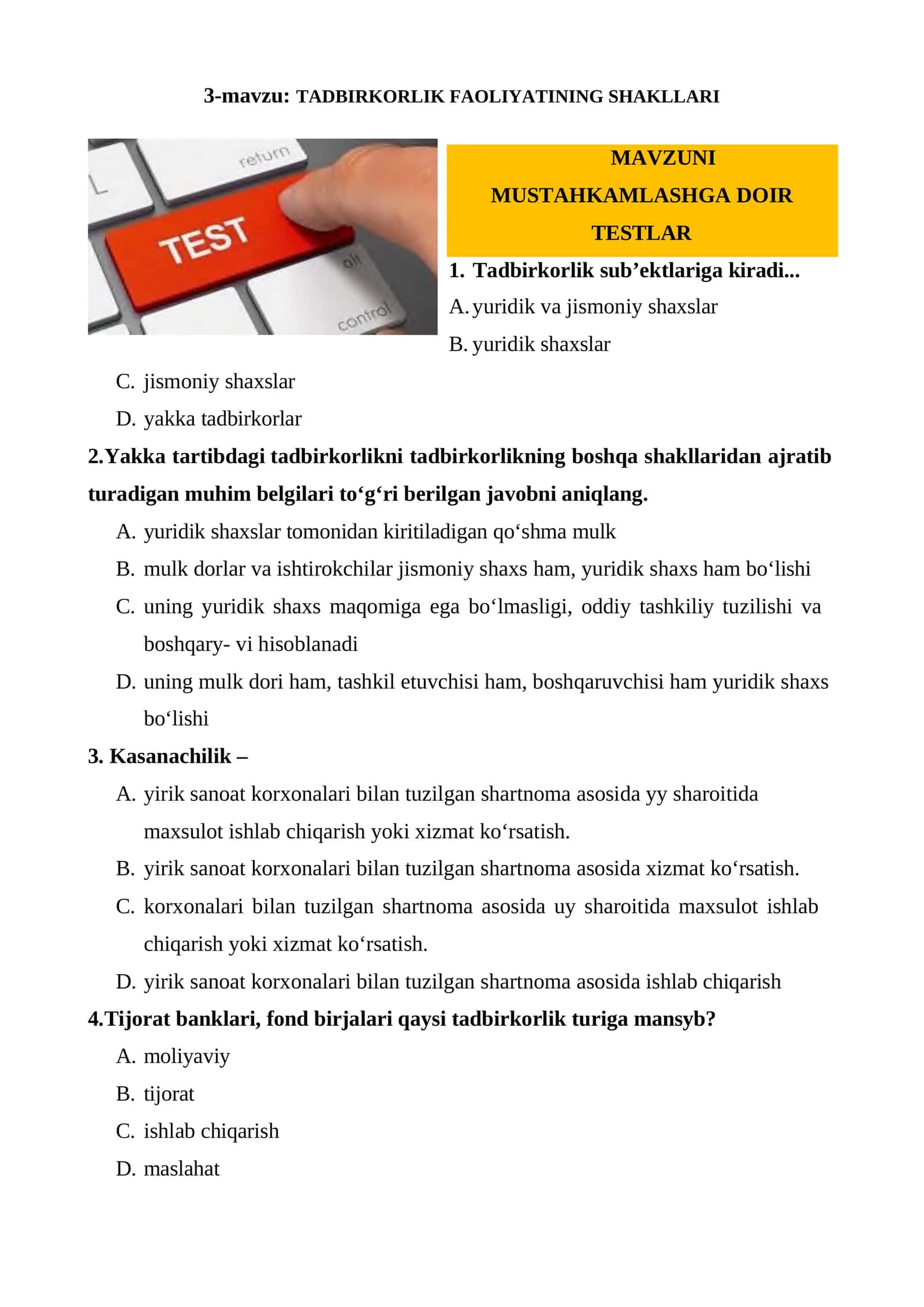 TADBIRKORLIK FAOLIYATINING SHAKLLARI