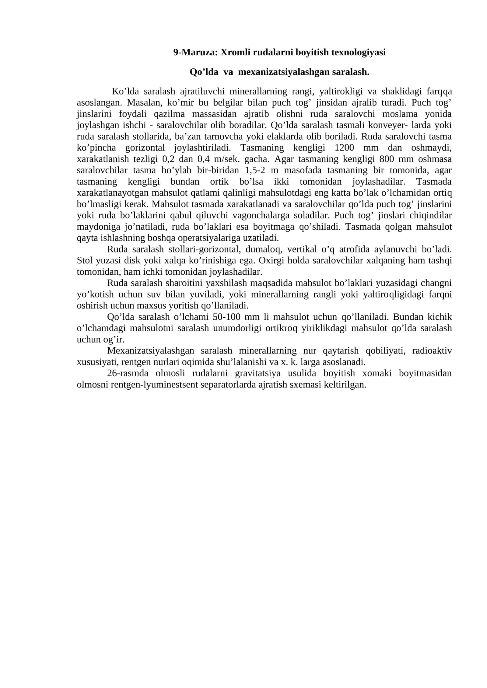 9-Maruza: Xromli rudalar boʻyitish texnologiyasi