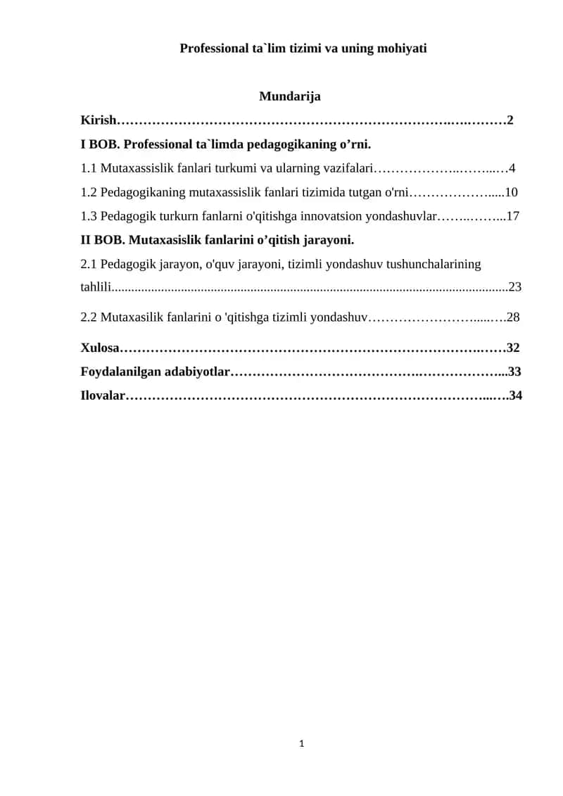 Professional ta`lim tizimi va uning mohiyati