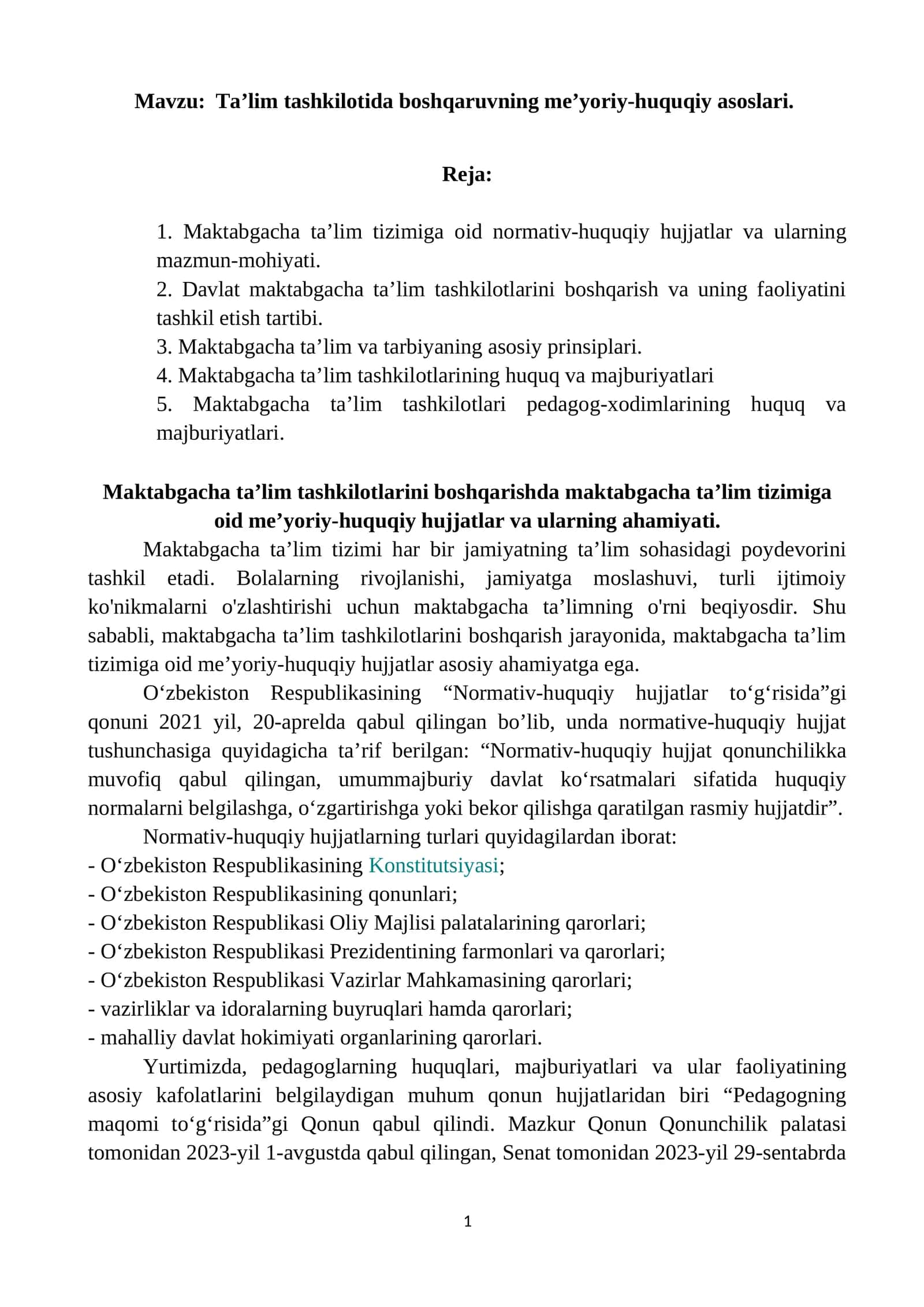 Maktabgacha taʼlim tizimi normativ-huquqiy hujjatlari