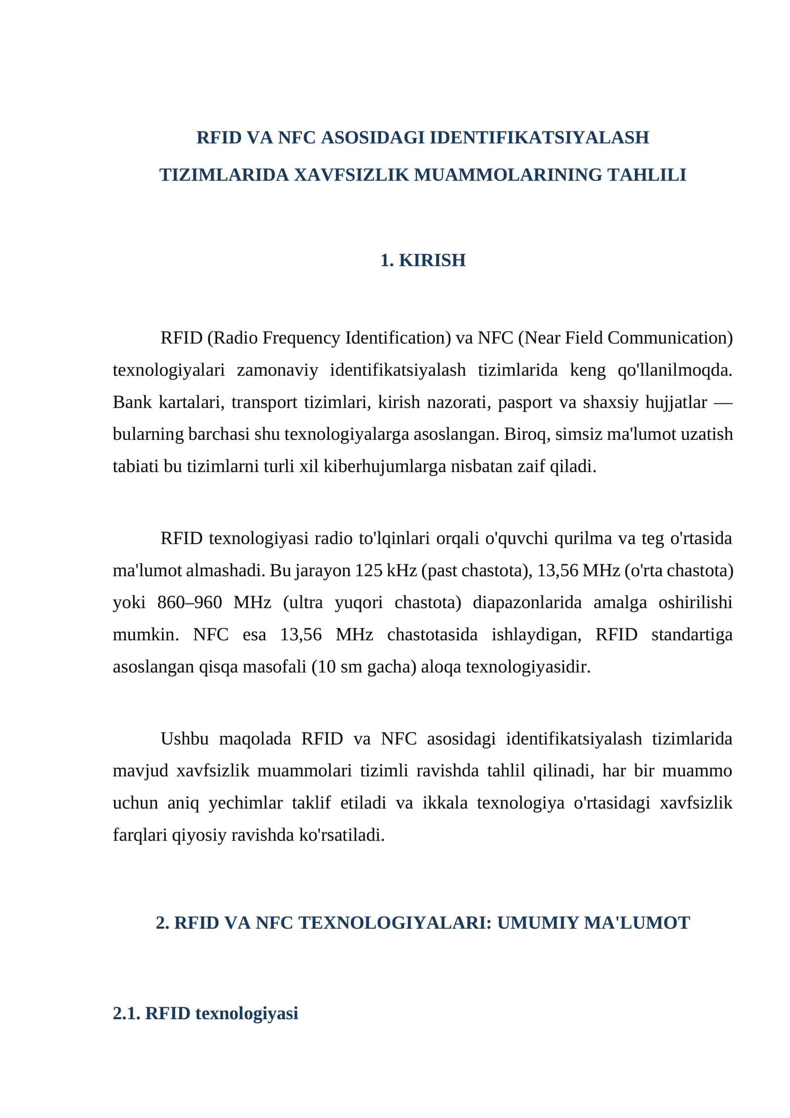RFID VA NFC ASOSIDAGI IDENTIFIKATSIYALASH TIZIMLARIDA XAVFSIZLIK MUAMMOLARINING TAHLILI