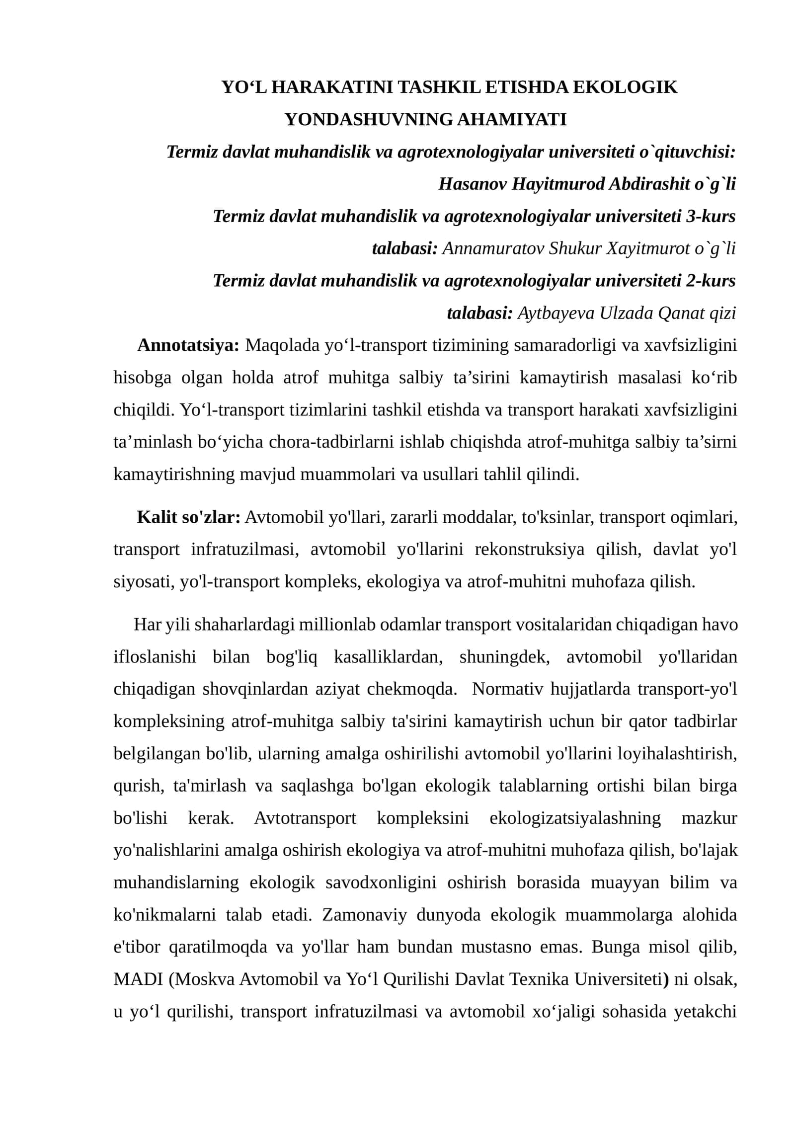 YO‘L HARAKATINI TASHKIL ETISHDA EKOLOGIK YONDASHUVNING AHAMIYATI