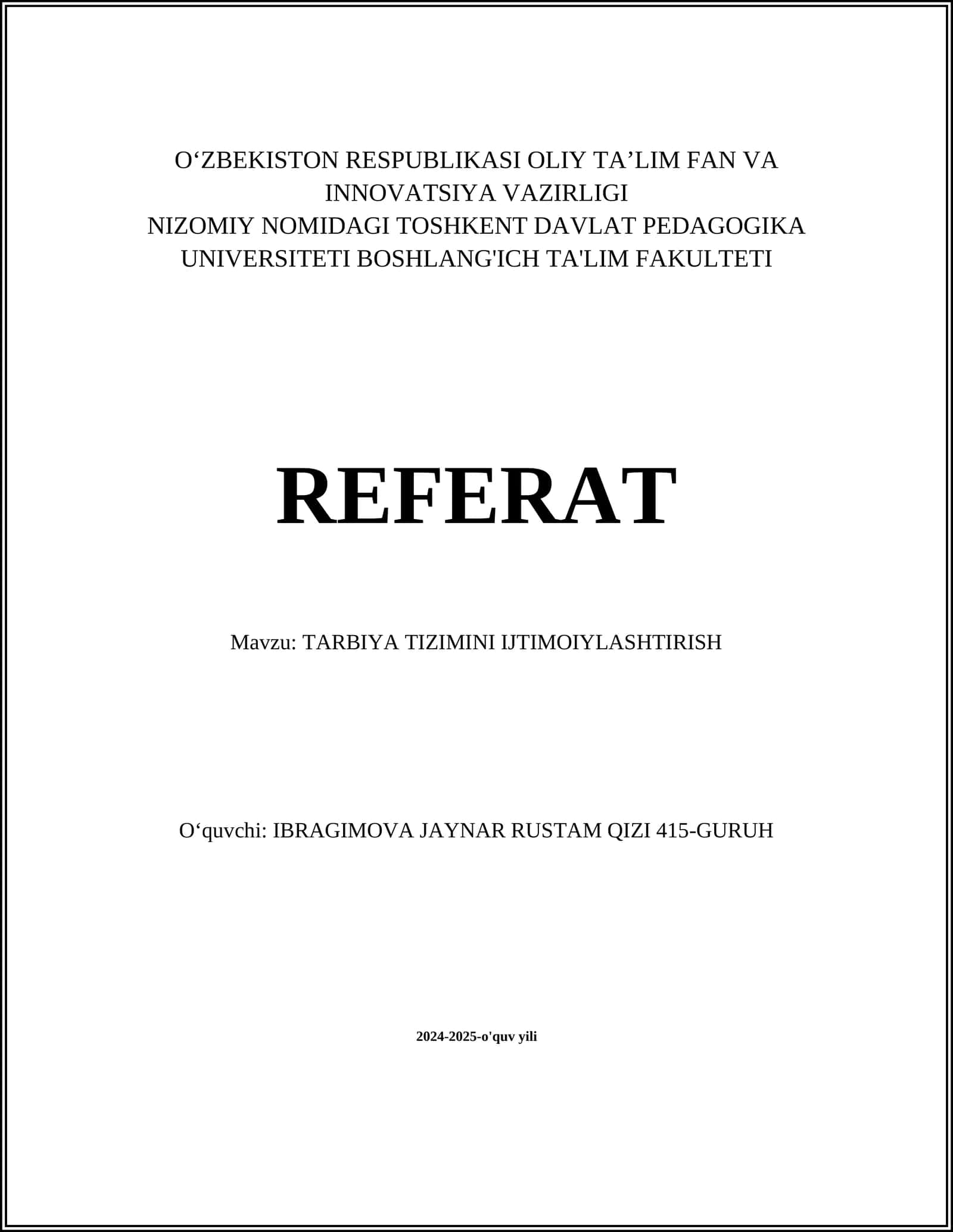 TARBIYA TIZIMINI IJTIMOIYLASHTIRISH