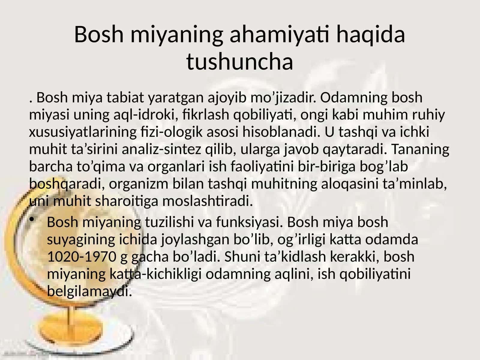 Bosh miya tuzilishi va funktsiyasi