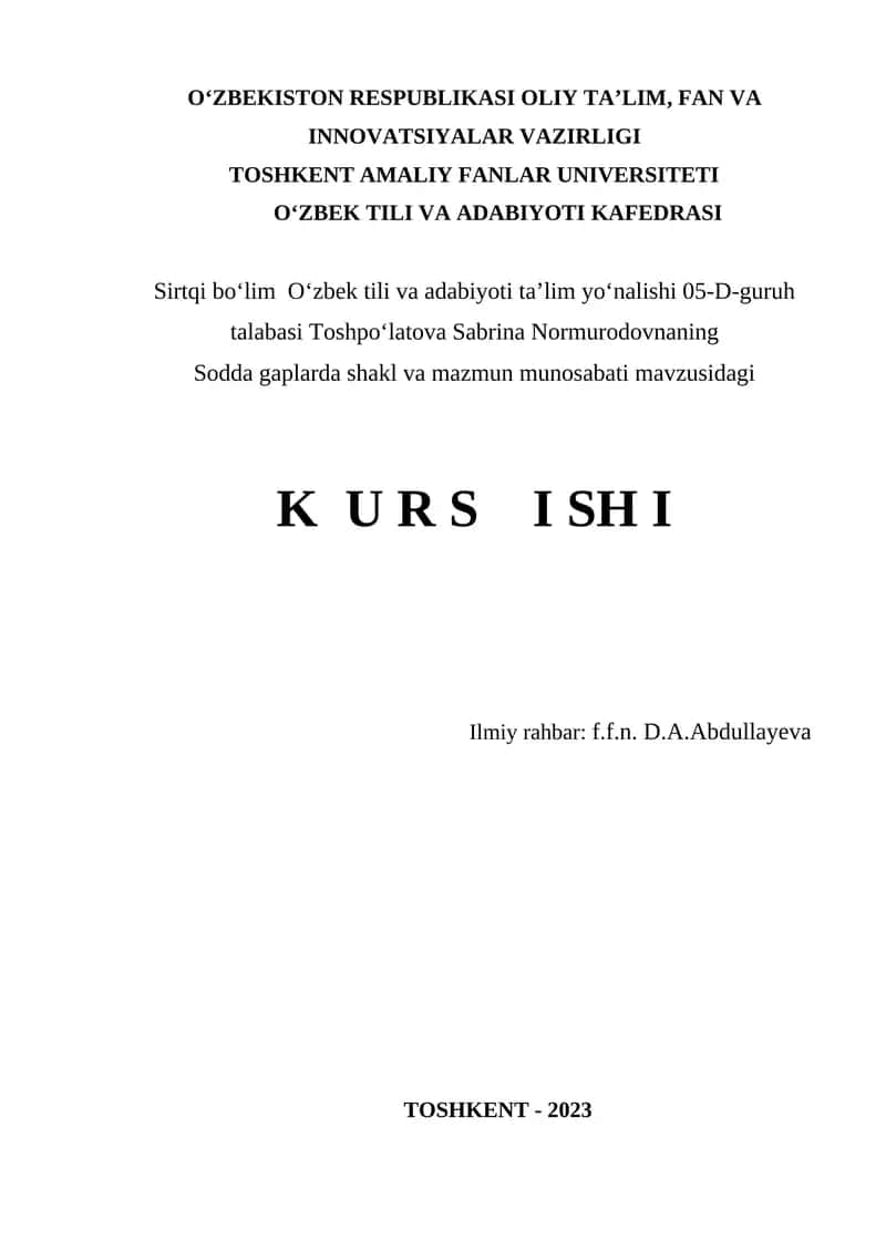 Sodda gaplarda shakl va mazmun munosabati mavzusidagi kurs ishi