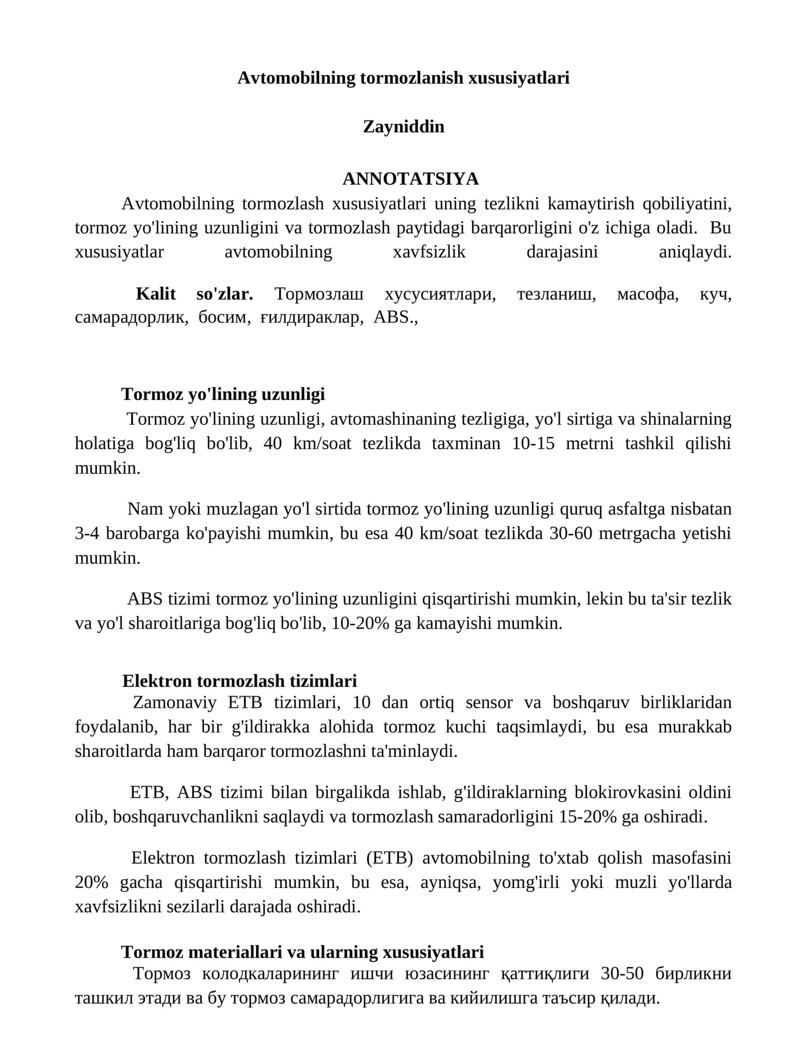 Avtomobilning tormozlanish xususiyatlari