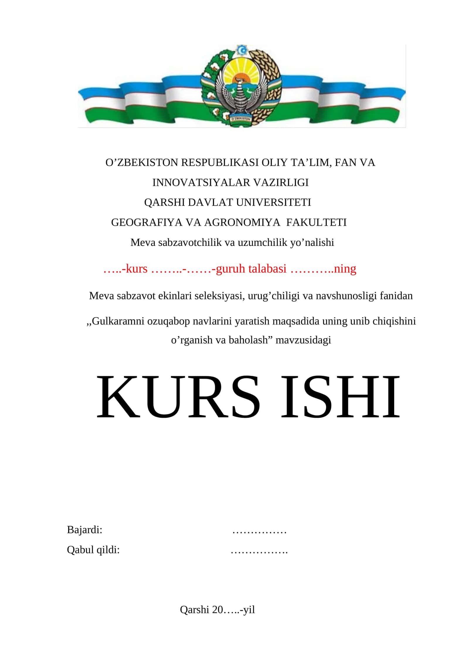 Gulkaramni ozuqabop navlarini yaratish maqsadida uning unib chiqishini o’rganish va baholash mavzusida MUKAMMAL KURS ISHI ( 80 BETLIK )