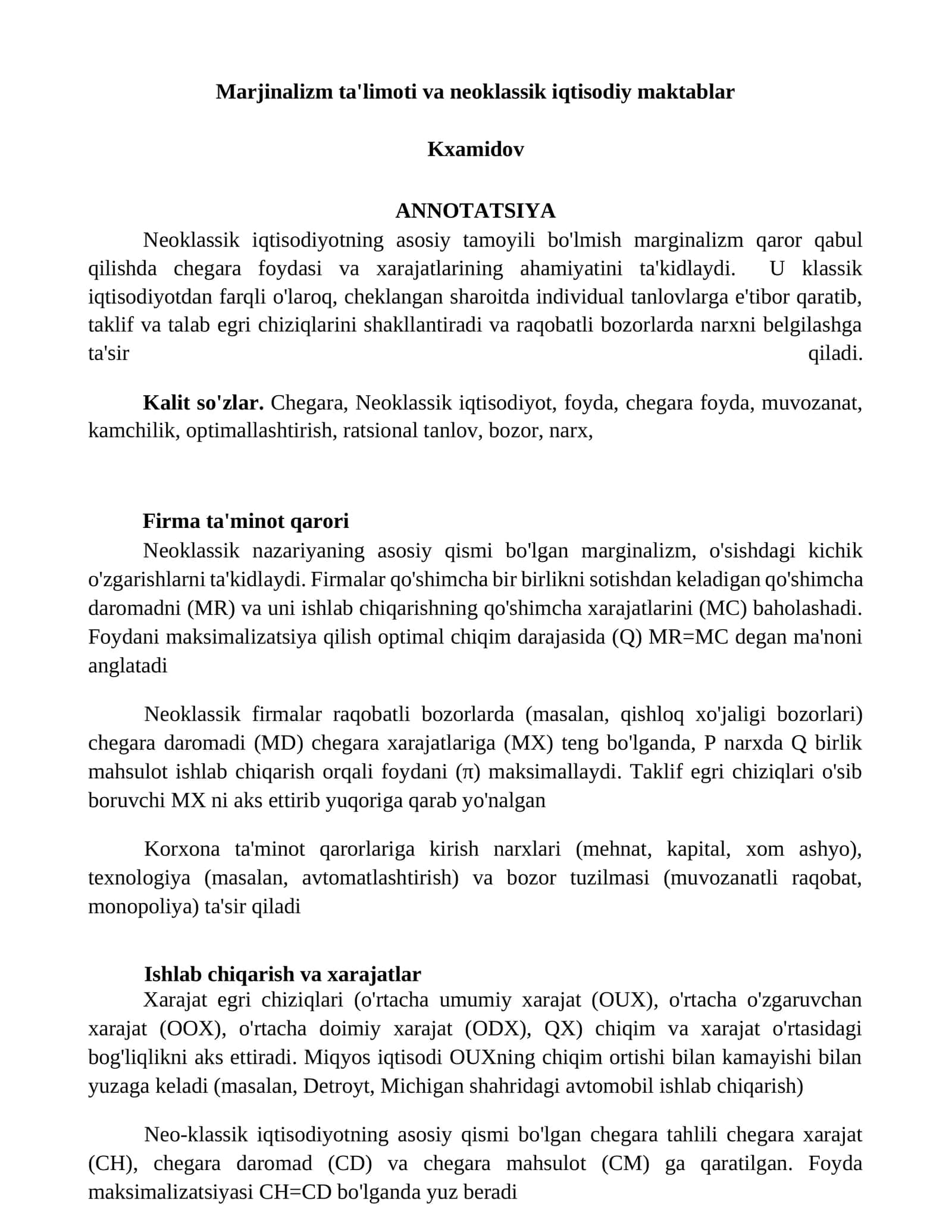 Marjinalizm ta'limoti va neoklassik iqtisodiy maktablar