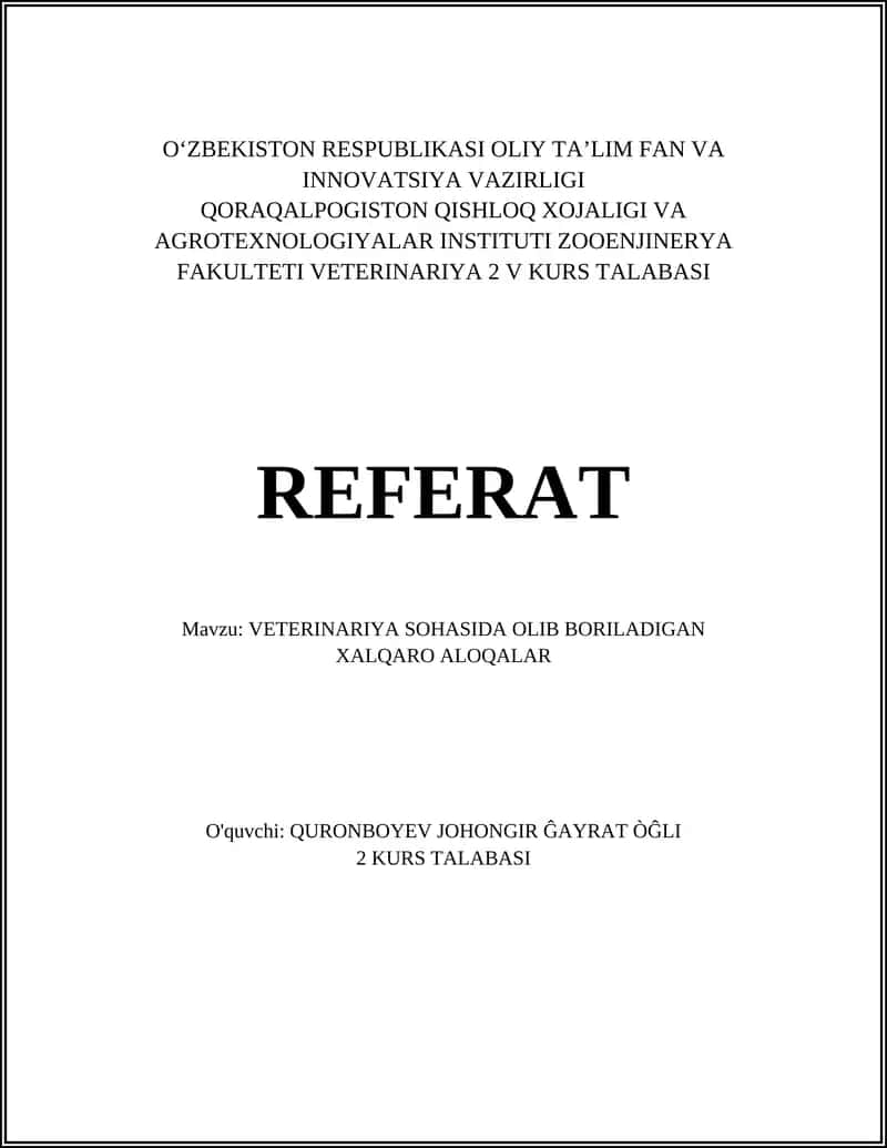 VETERINARIYA SOHASIDA OLIB BORILADIGAN XALQARO ALOQALAR