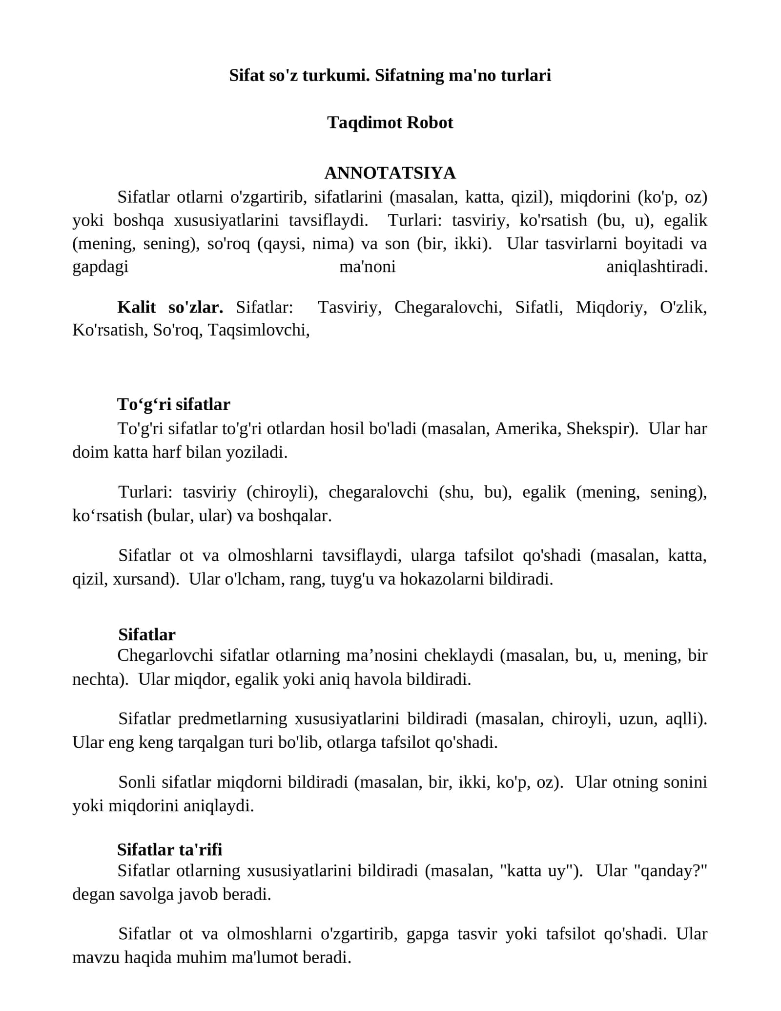Sifat so'z turkumi. Sifatning ma'no turlari
