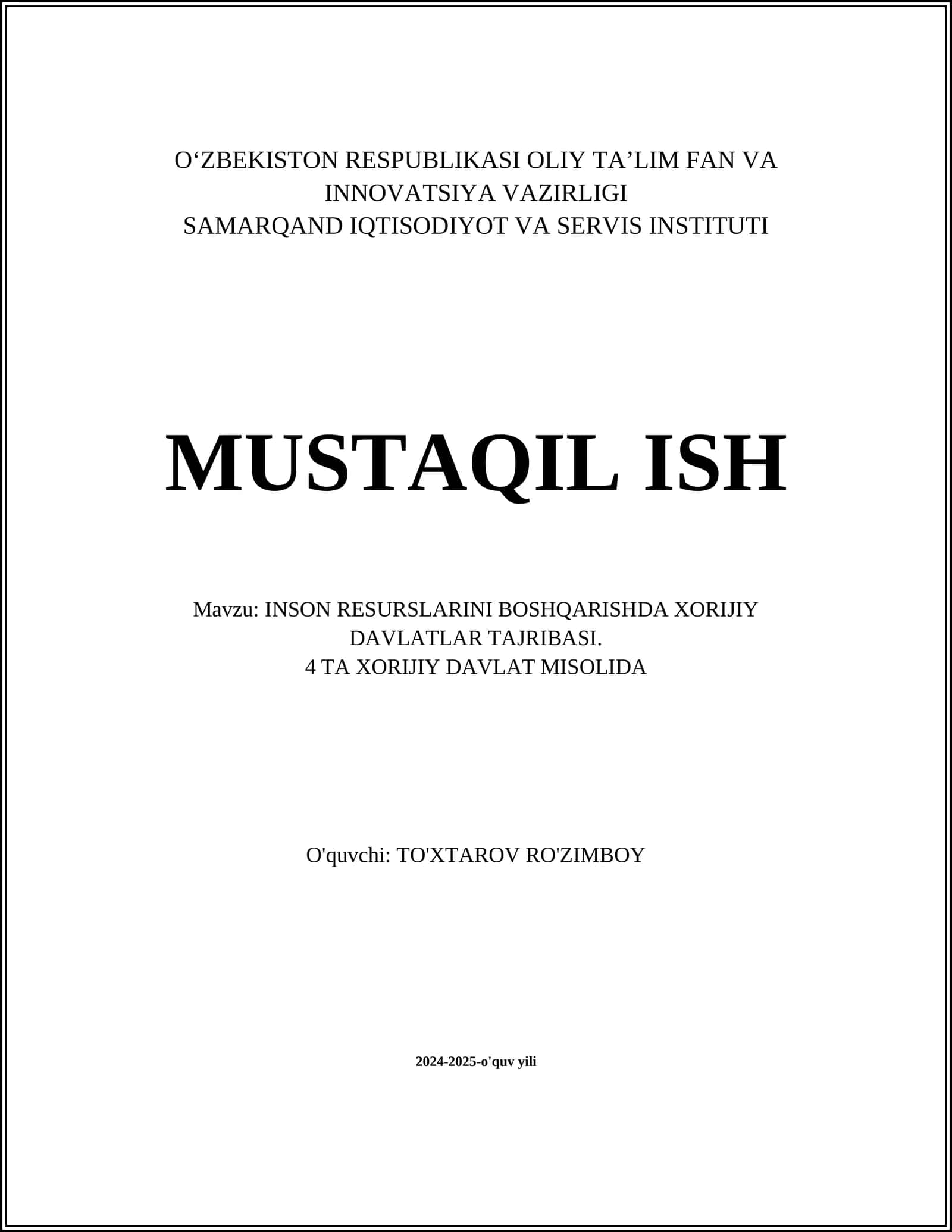 INSON RESURSLARINI BOSHQARISHDA XORIJIY DAVLATLAR TAJRIBASI