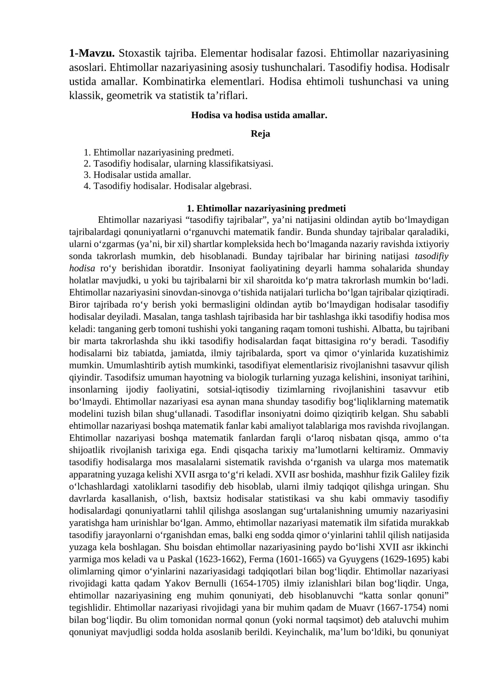 Stoxastik tajriba. Elementar hodisalar fazosi. Ehtimollar nazariyasining asoslari.
