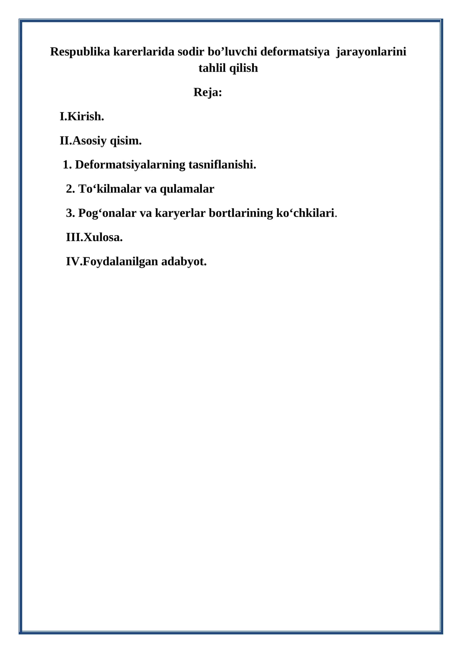Respublika karerlarida sodir bo’luvchi deformatsiya jarayonlarini tahlil qilish