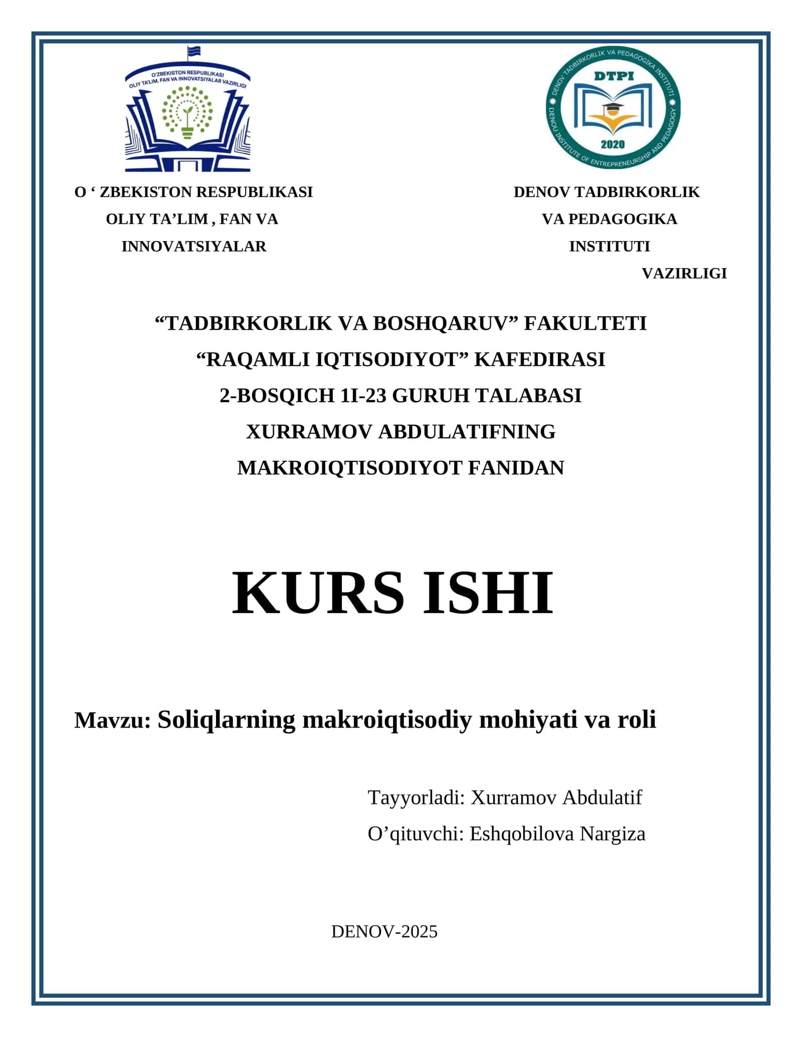 Soliqlarning makroiqtisodiy mohiyati va roli