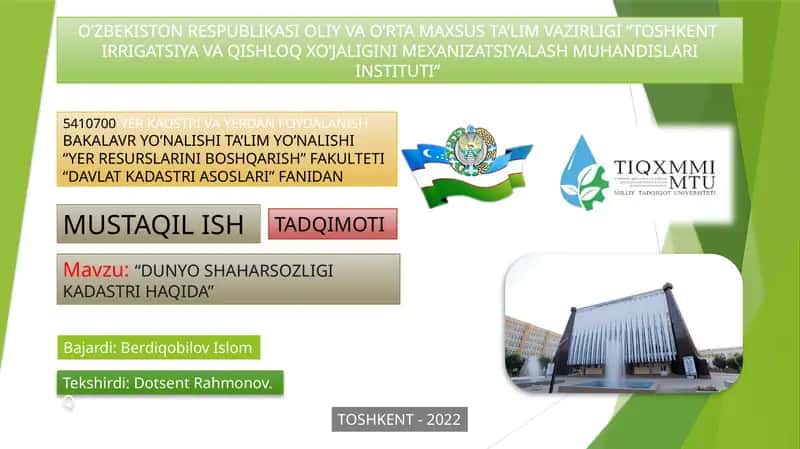 "DUNYO SHAHARSOZLIGI KADASTRI HAQIDA"