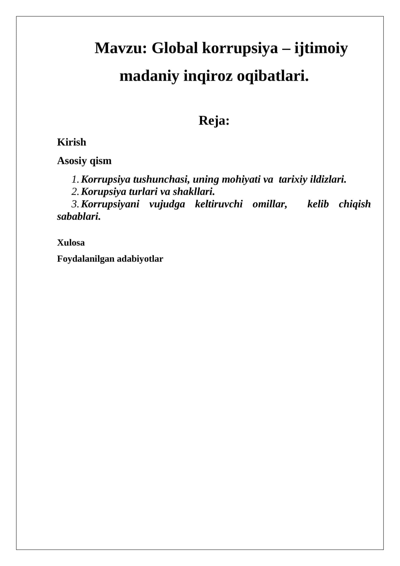 Global korrupsiya – ijtimoiy madaniy inqiroz oqibatlari